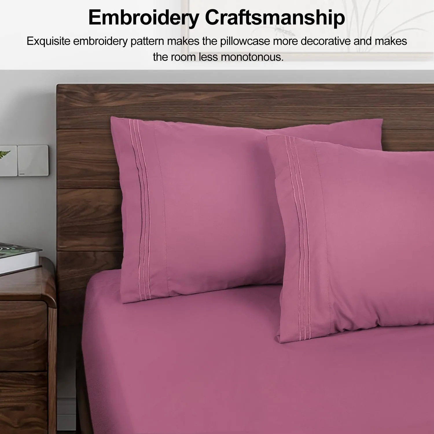 Lirex King Size Pillow Cases Set of 2, Luxury Ultra-Soft 1800 Thread Count Embroidered Pillowcase Set, Hotel Quality Microfiber Double Brushed, King (20"X 36"), Mauve Pink