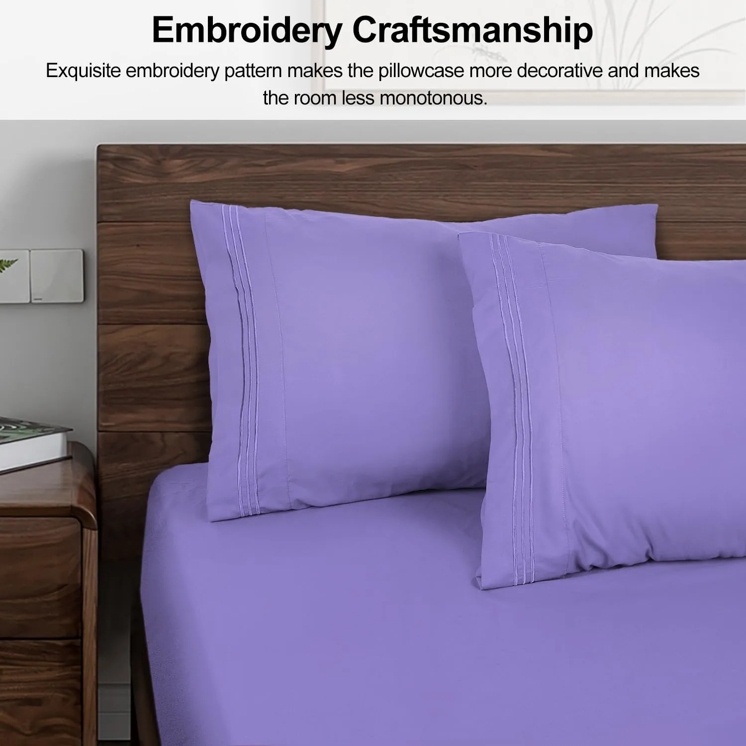 Lirex Pillow Cases Queen Size Set of 2, Luxury Ultra-Soft 1800 Thread Count Embroidered Pillowcase Set, Hotel Quality Microfiber Double Brushed, Queen (20"X 30"), Light Purple