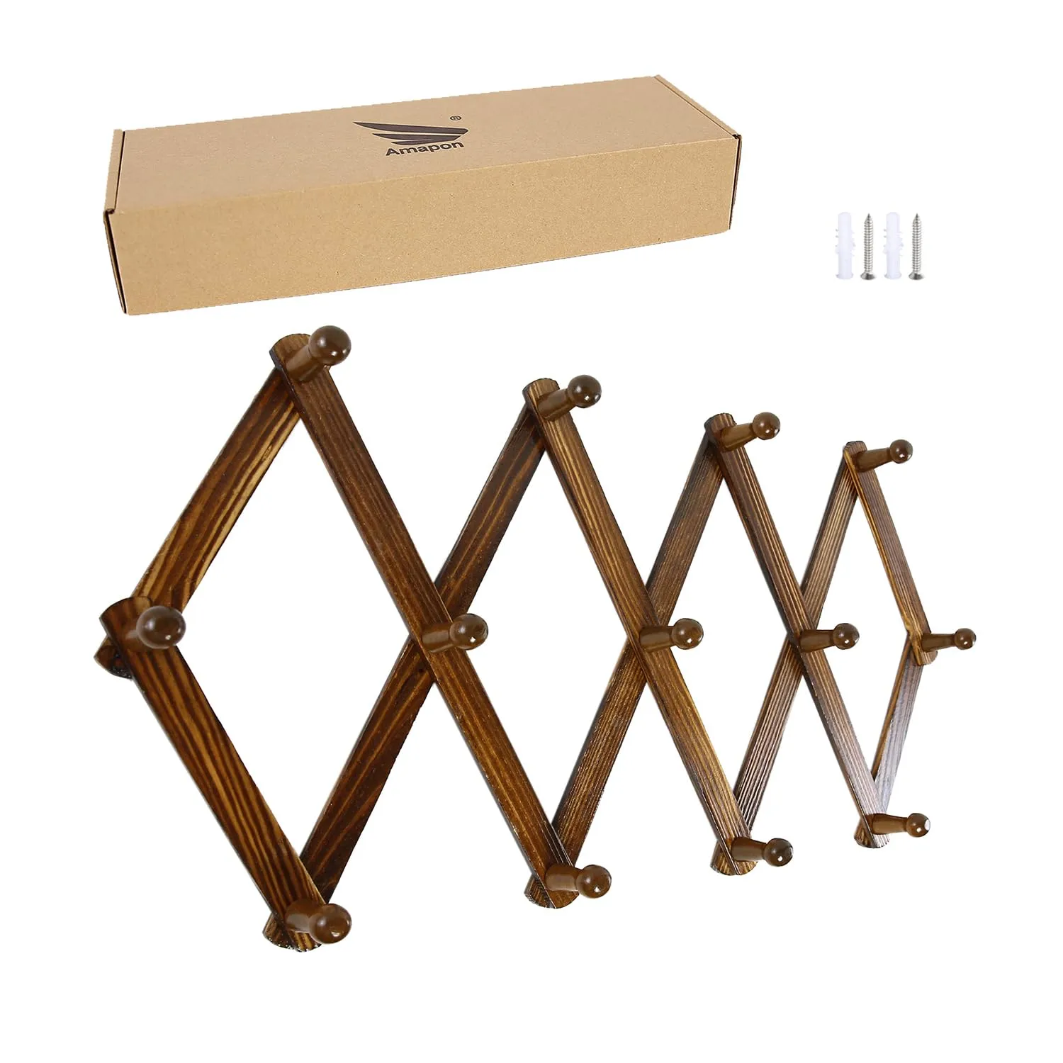 AMAPON Accordion Style Expandable Wall Wooden Coat Rack 13 Hooks (Pegs) Hang Hats Jackets Coffee Mug Purses Necklaces Towels Cap Leash Scarves Data Line Kitchenware (Walnut)