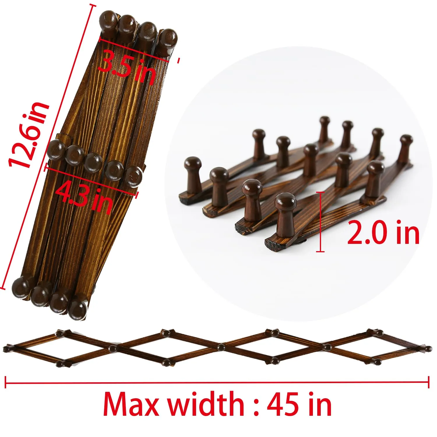 AMAPON Accordion Style Expandable Wall Wooden Coat Rack 13 Hooks (Pegs) Hang Hats Jackets Coffee Mug Purses Necklaces Towels Cap Leash Scarves Data Line Kitchenware (Walnut)