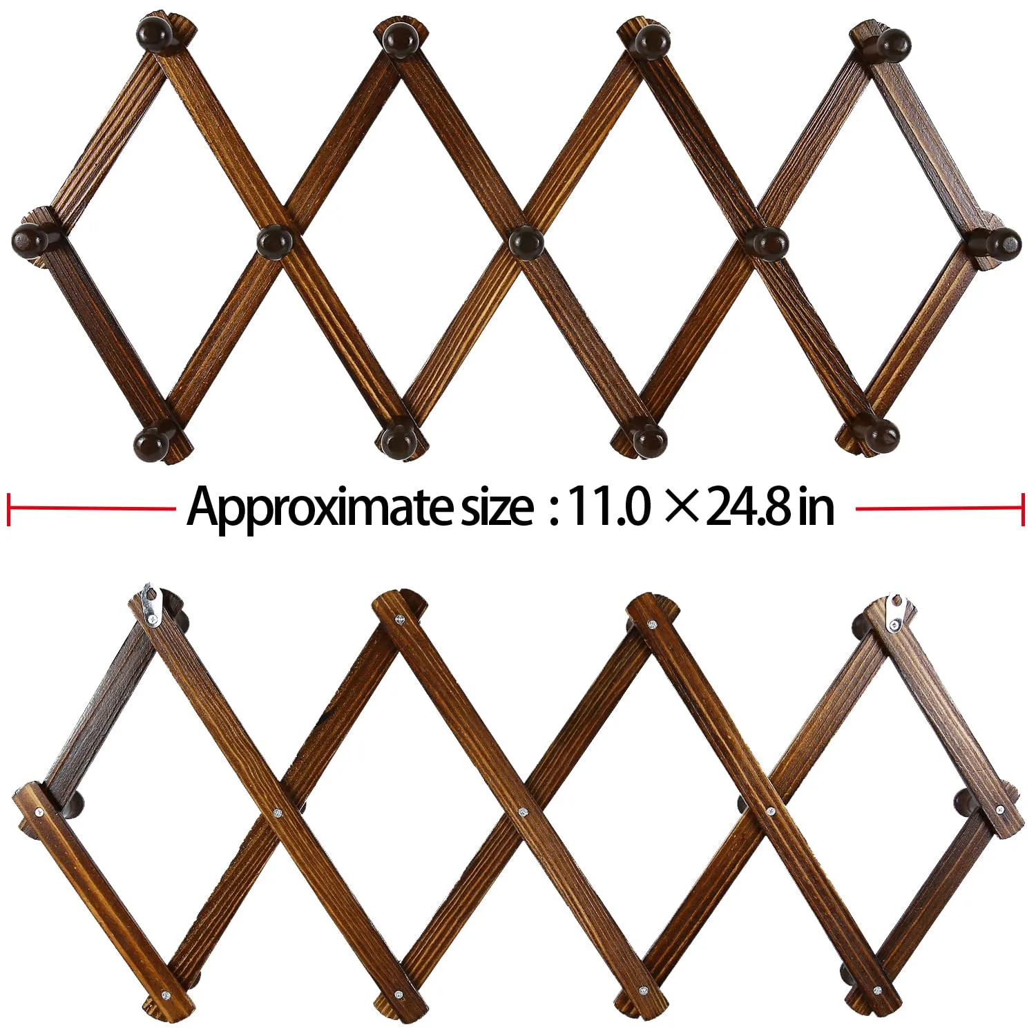 AMAPON Accordion Style Expandable Wall Wooden Coat Rack 13 Hooks (Pegs) Hang Hats Jackets Coffee Mug Purses Necklaces Towels Cap Leash Scarves Data Line Kitchenware (Walnut)