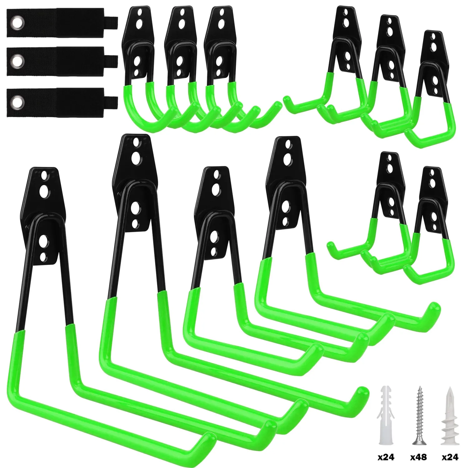 Garage Tool Storage Wall Hook Assortment Set: 15PCS Heavy Duty Large Hanger Garden Tool Organizer Ladder Bike Rack Yard Tool Holder Shed Shovel Metal Screw Organization Bicycle Steel Bracket, Green