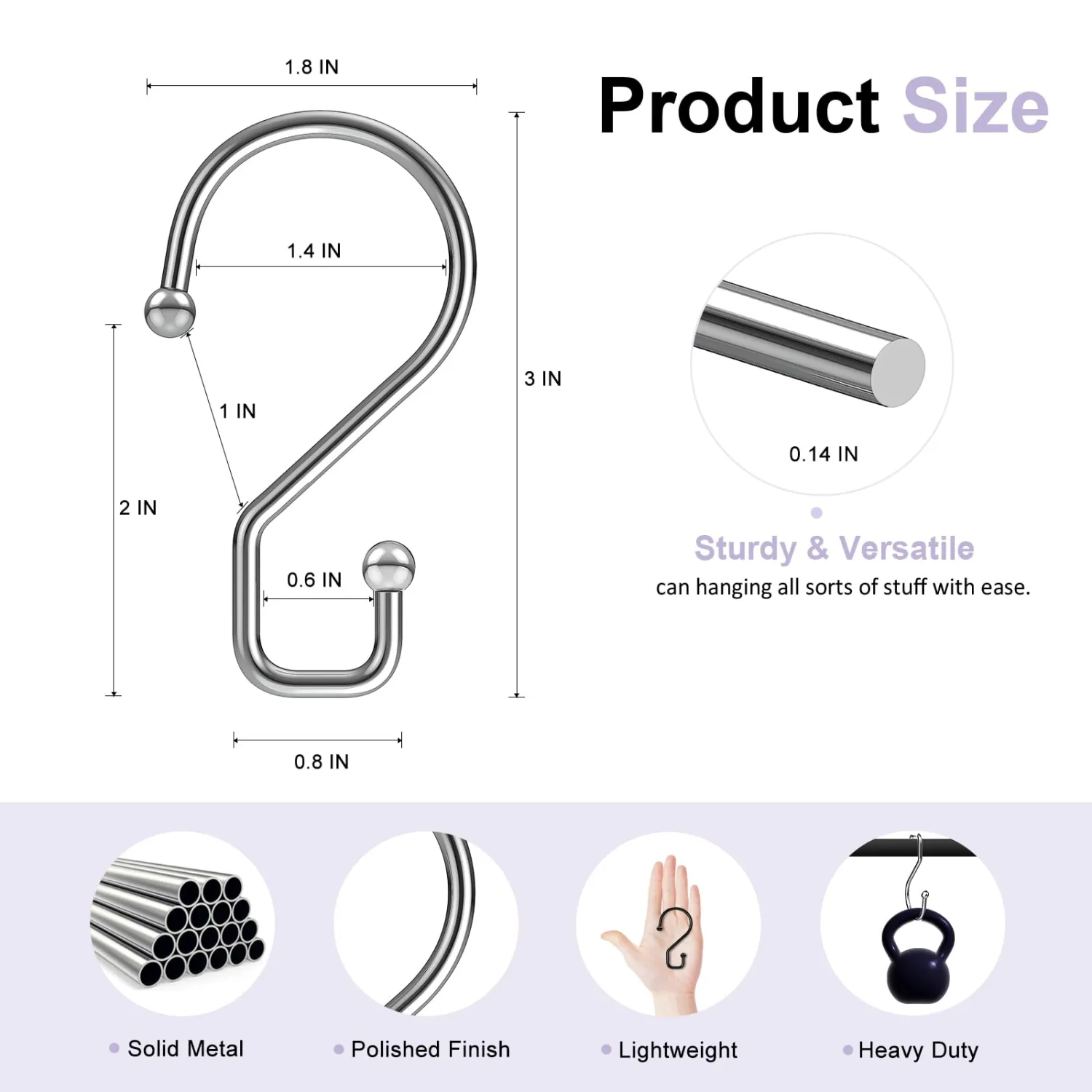 S Hooks, 3 Inch Small Metal S Hanging Hooks with 2 Shapes, Reversible, Heavy Duty, Silver, 12 Pcs