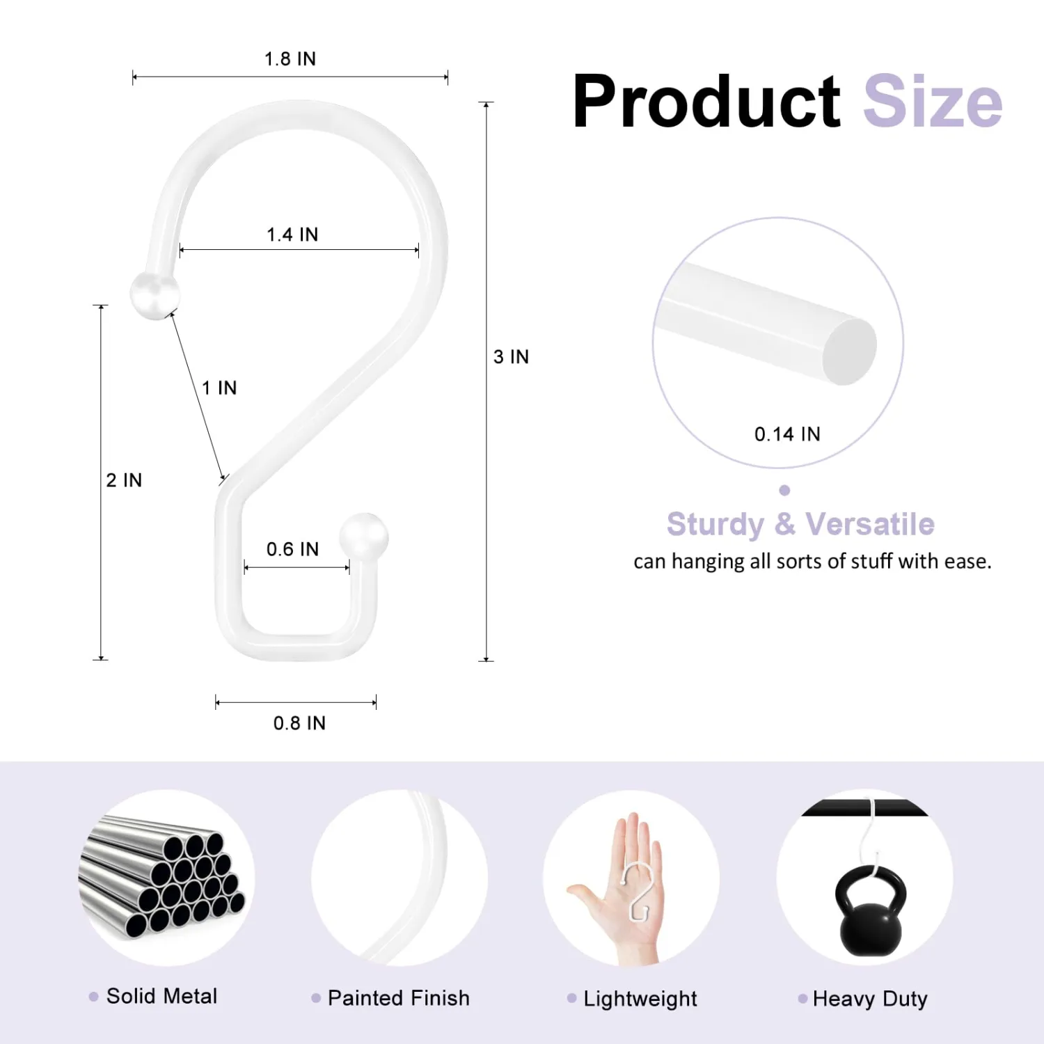 S Hooks, 3 Inch Small Metal S Hanging Hooks with 2 Shapes, Reversible, Heavy Duty, White, 12 Pcs
