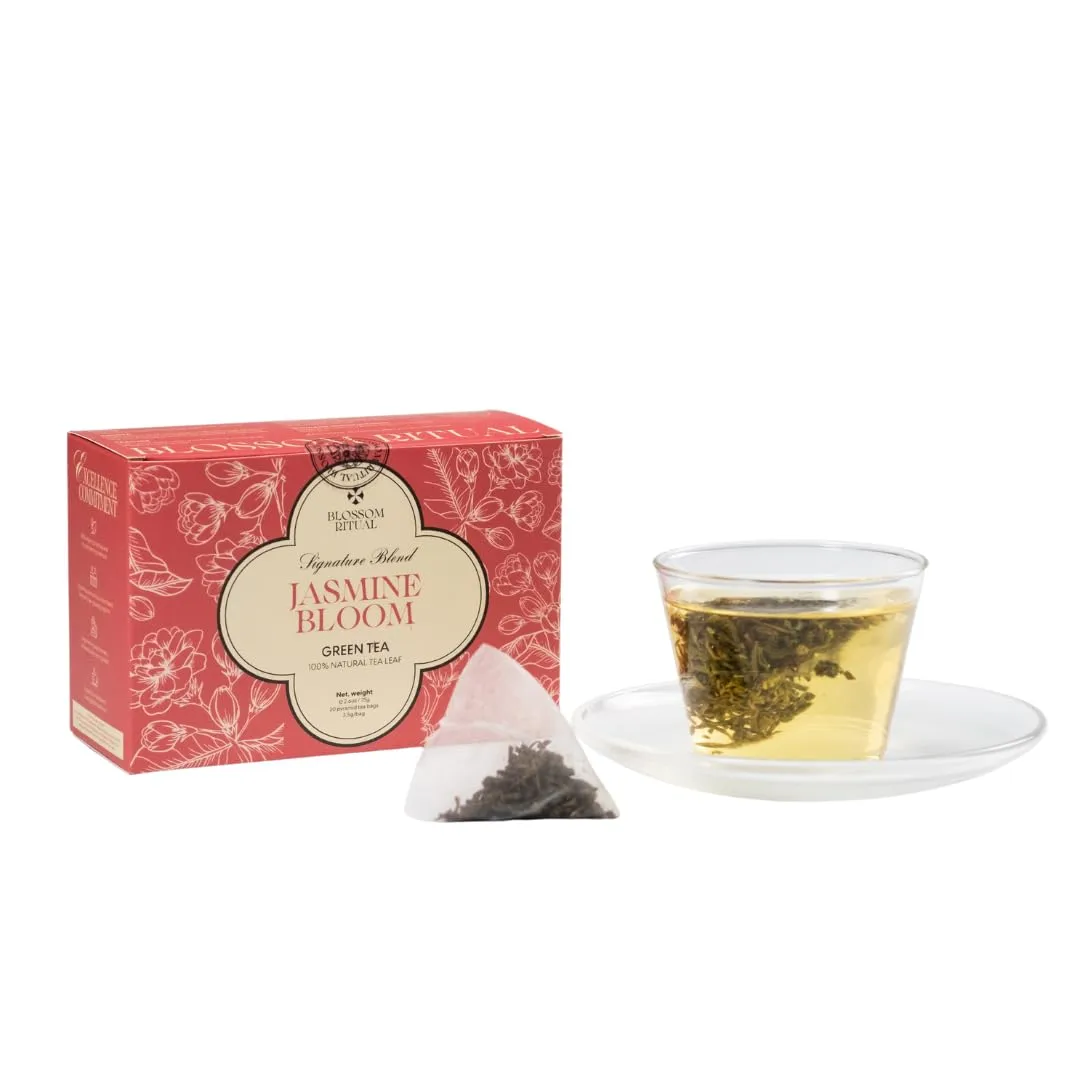 BLOSSOM RITUAL Jasmine Bloom – Floral Green Tea Loose Leaf – 20 Natural Based Pyramid Bags – Serve Upto 60 cups – Jasmine Petal Infusion – Stress Relief & Rich Antioxidants | 2.65oz
