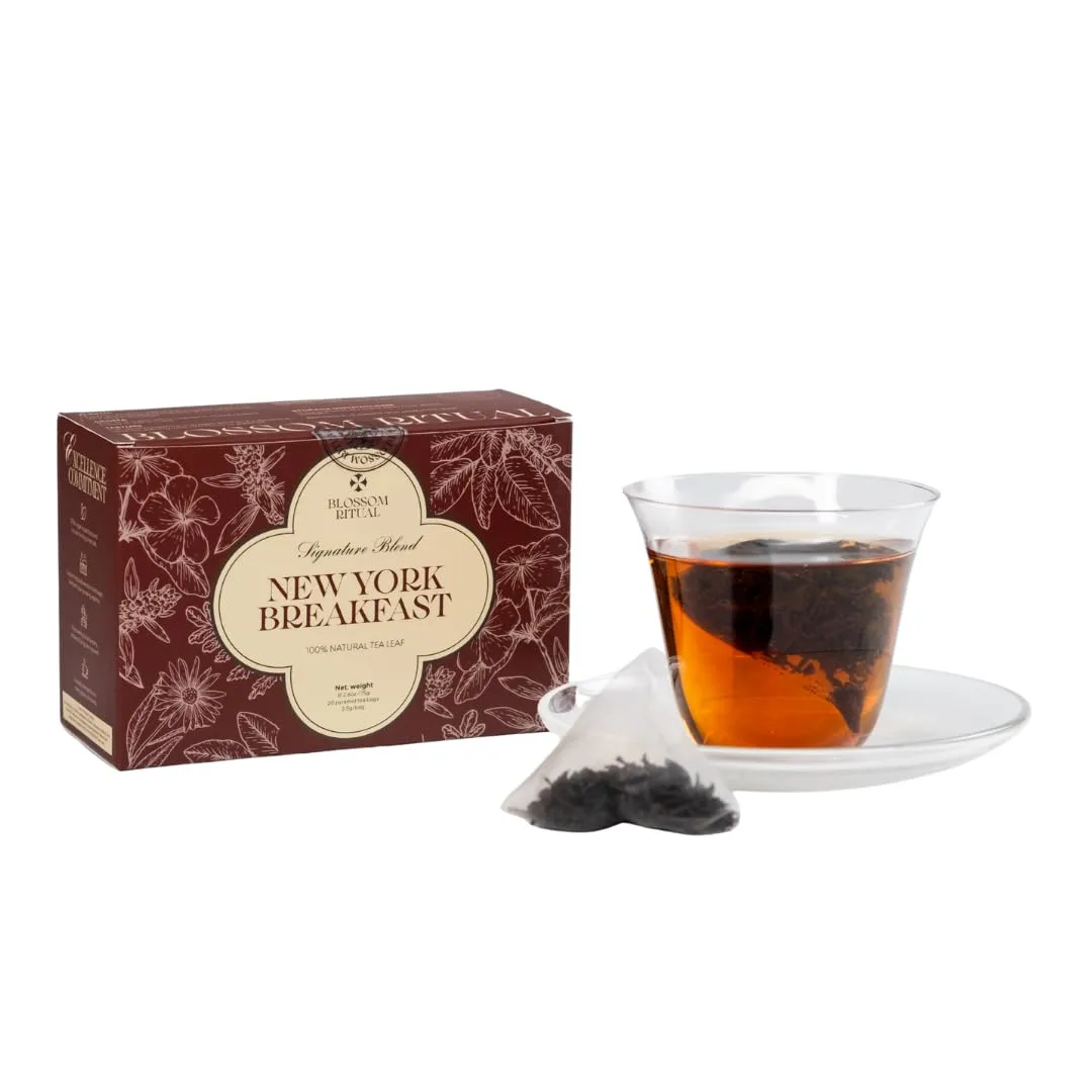 BLOSSOM RITUAL Newyork Breakfast – Strong & Smooth Black Tea with Caffeine – 20 Natural Based Pyramid Bags – Serve Upto 60 cups – Energizing Morning Tea Blend for Focus & Clarity – Resealable Zip Pouch| 2.65oz