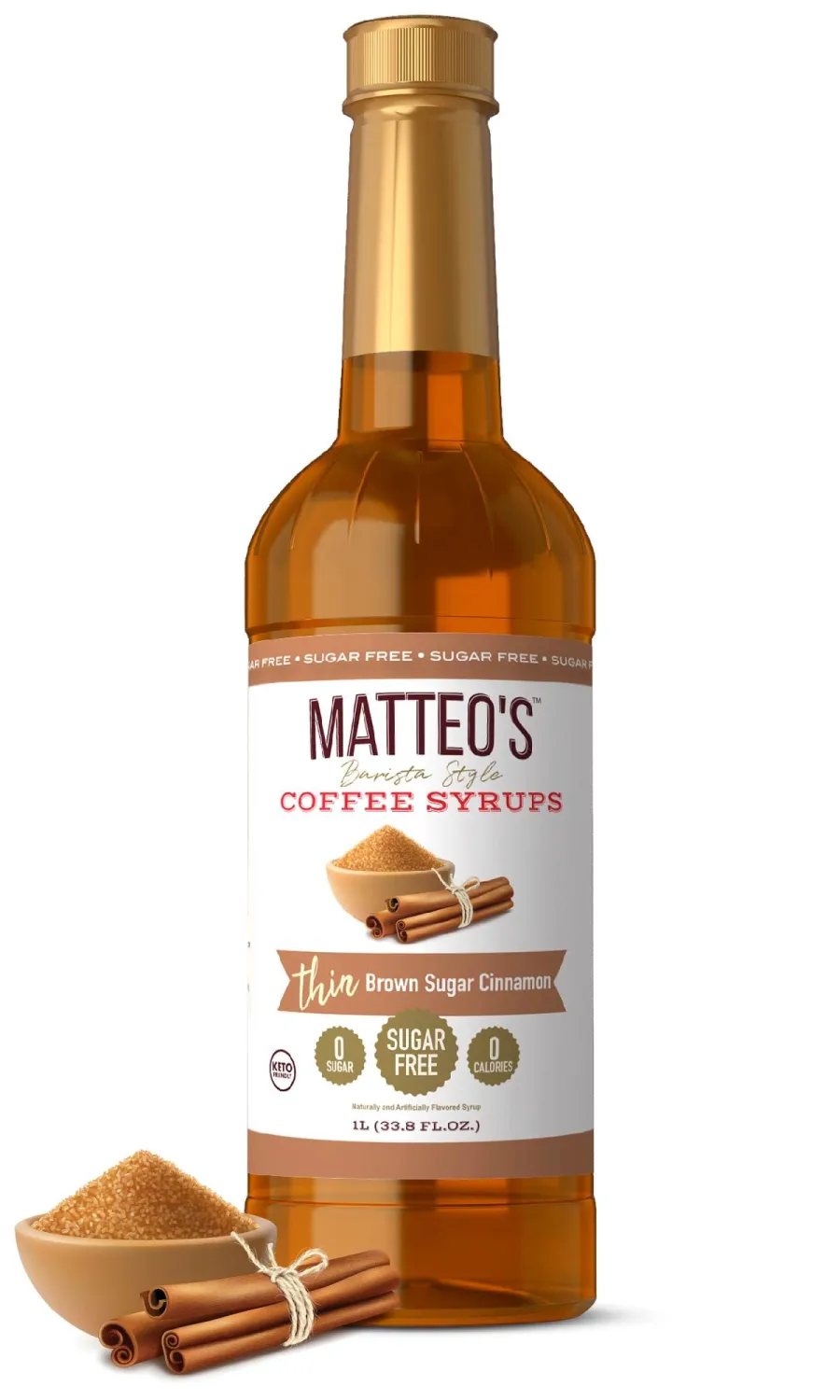 Matteo's Brown Sugar Cinnamon Syrup for Coffee, Lattes, Cappuccinos & Desserts – Sugar-Free Sweetener for Beverages, Keto Friendly, Zero Calories, Indulgent Flavor, Non-Alcoholic, 33.8oz (1pk)