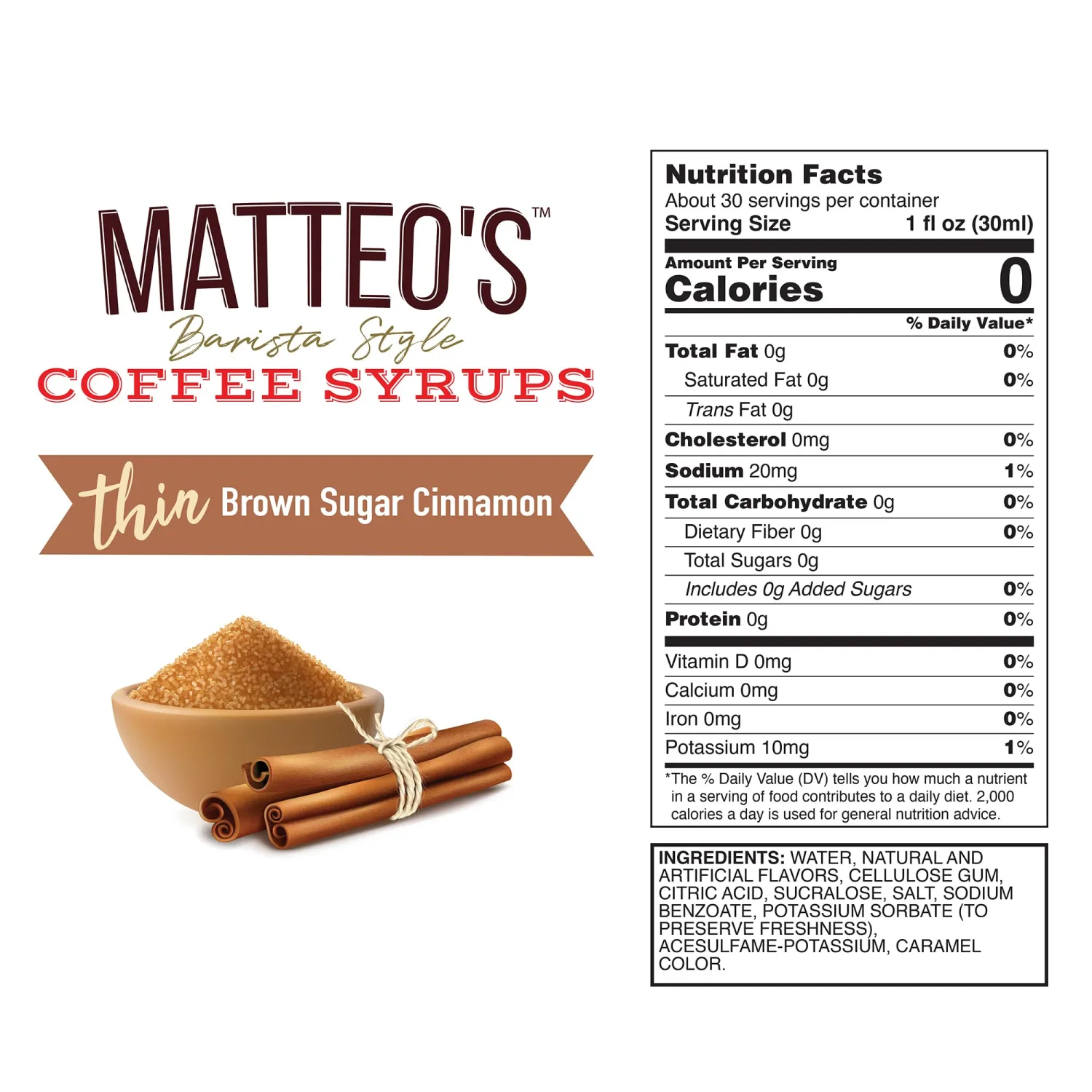 Matteo's Brown Sugar Cinnamon Syrup for Coffee, Lattes, Cappuccinos & Desserts – Sugar-Free Sweetener for Beverages, Keto Friendly, Zero Calories, Indulgent Flavor, Non-Alcoholic, 33.8oz (1pk)