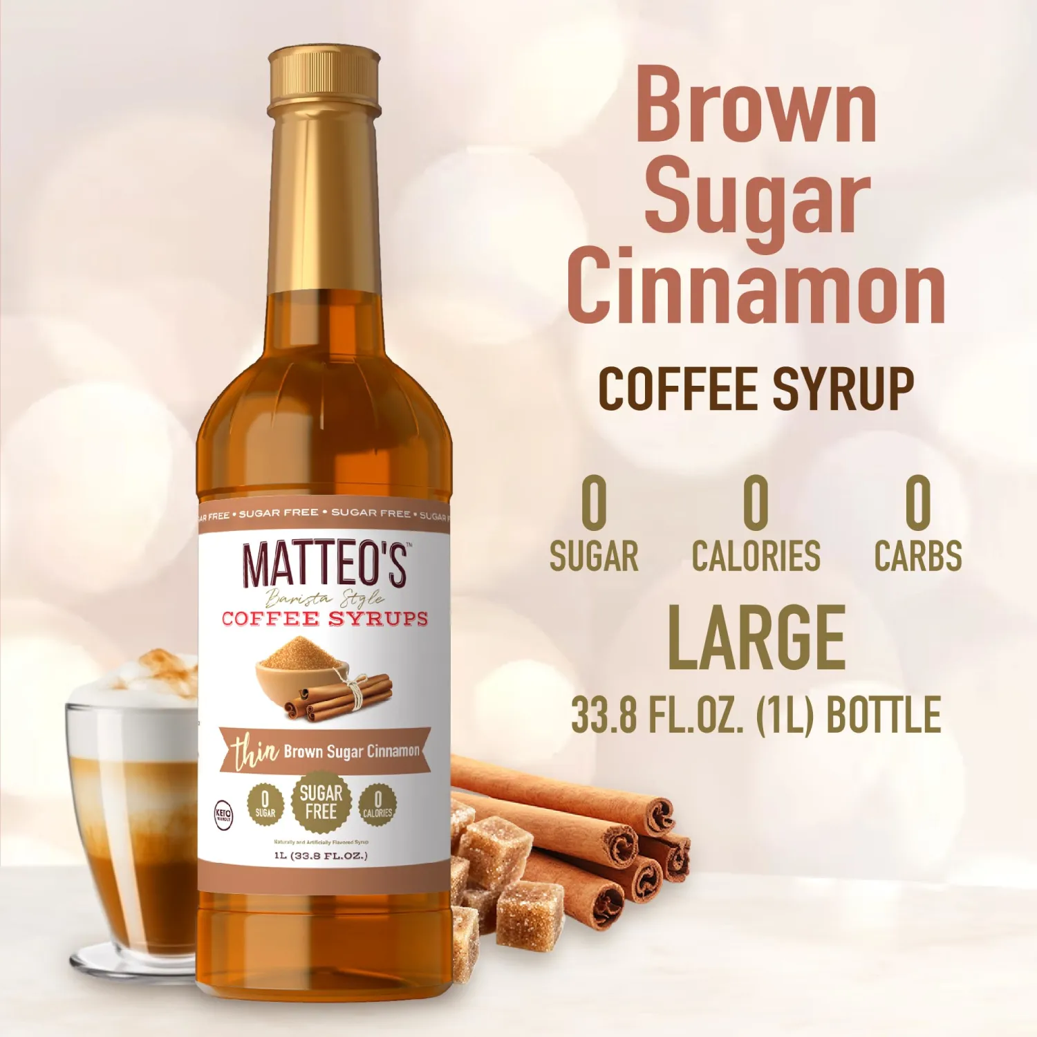 Matteo's Brown Sugar Cinnamon Syrup for Coffee, Lattes, Cappuccinos & Desserts – Sugar-Free Sweetener for Beverages, Keto Friendly, Zero Calories, Indulgent Flavor, Non-Alcoholic, 33.8oz (1pk)