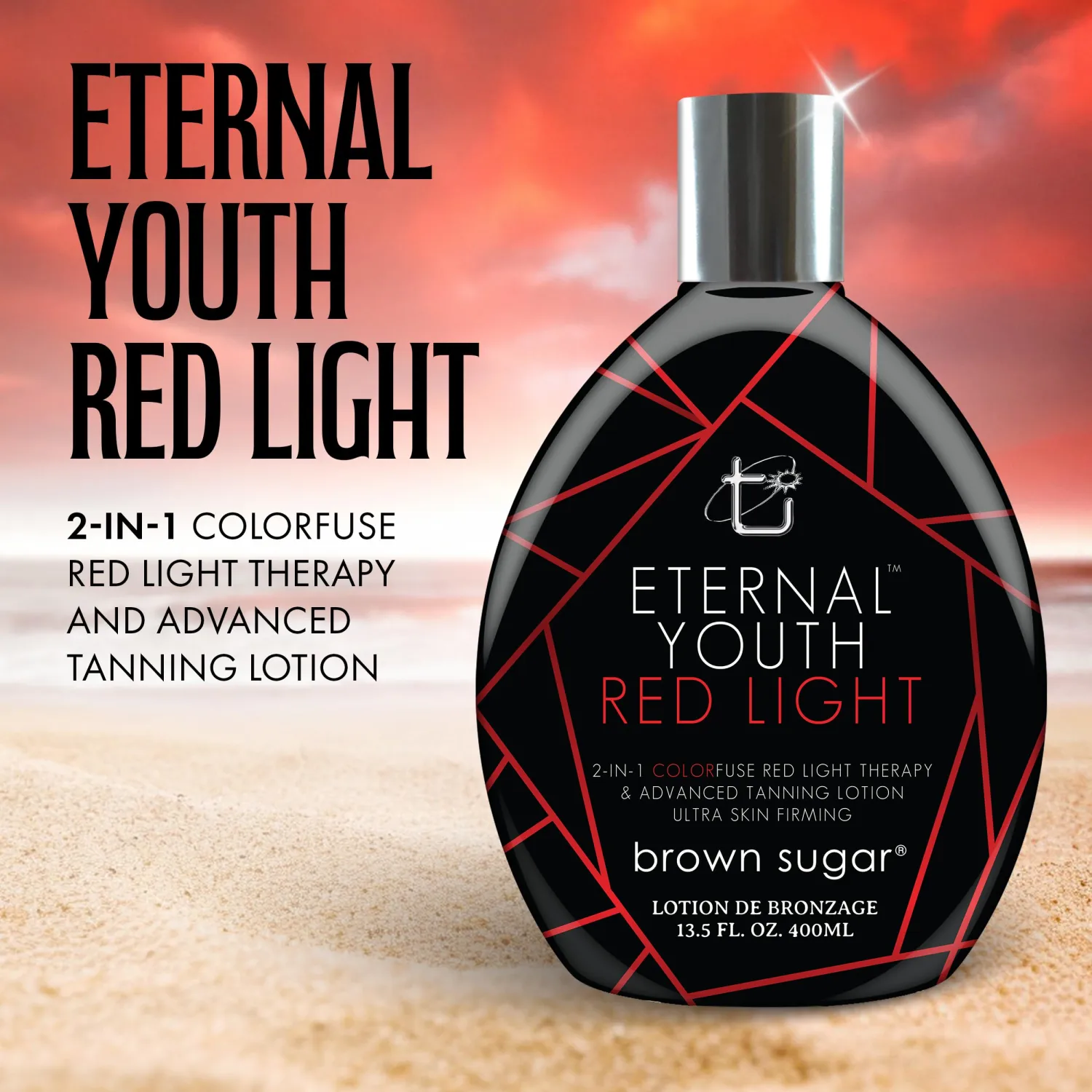 Brown Sugar Eternal Youth Tanning Lotion, 2-in-1 Color Fuse Red Light & Ultra Skin Firming Advanced Tanning Lotion with Peptides, Hyaluronic Acid, Green Tea & Aloe, 13.5 Fl Oz