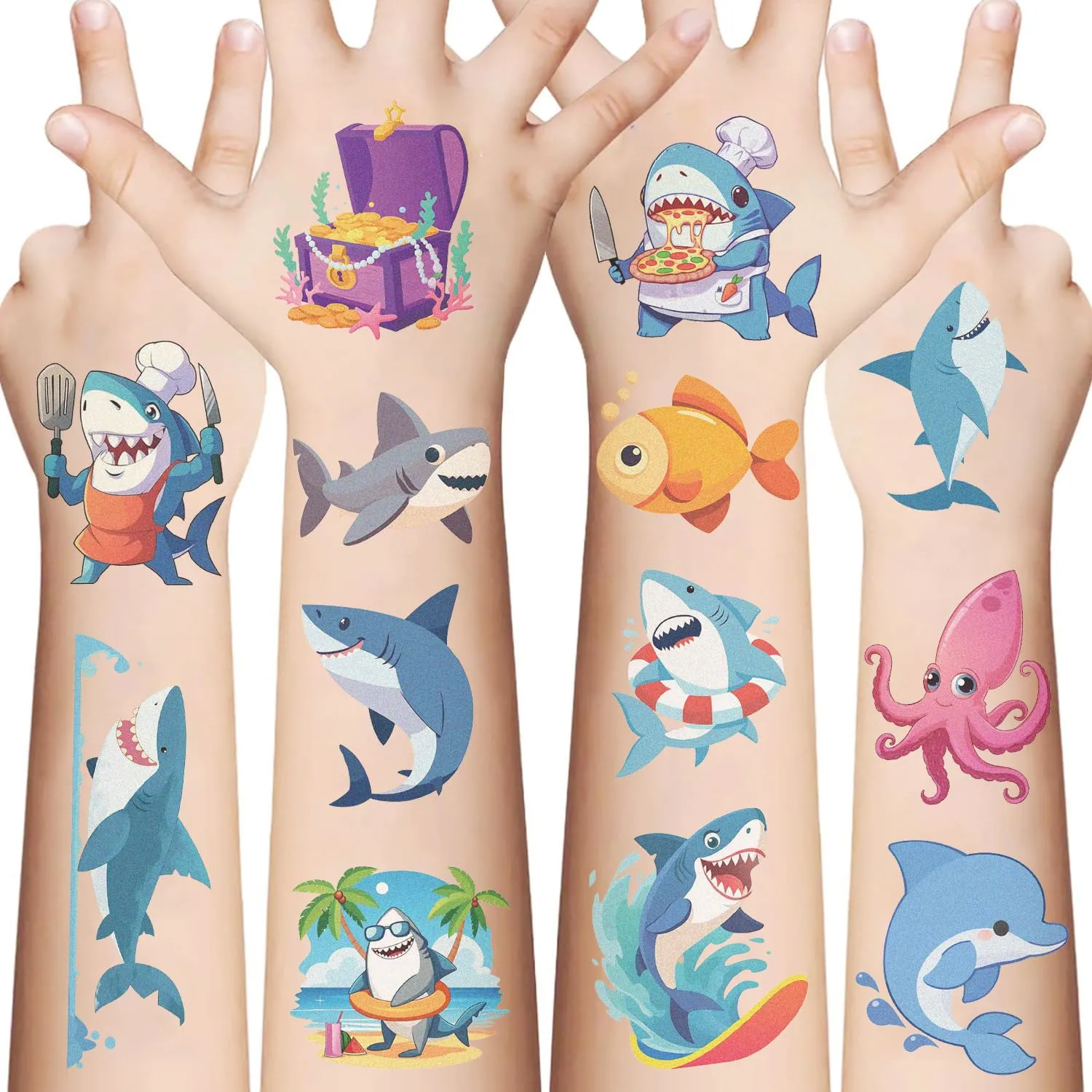 10 Sheets Shark Temporary Tattoos Stickers Birthday Themed Party Supplies Decoration Favors Cartoon Cute Animal Sticker