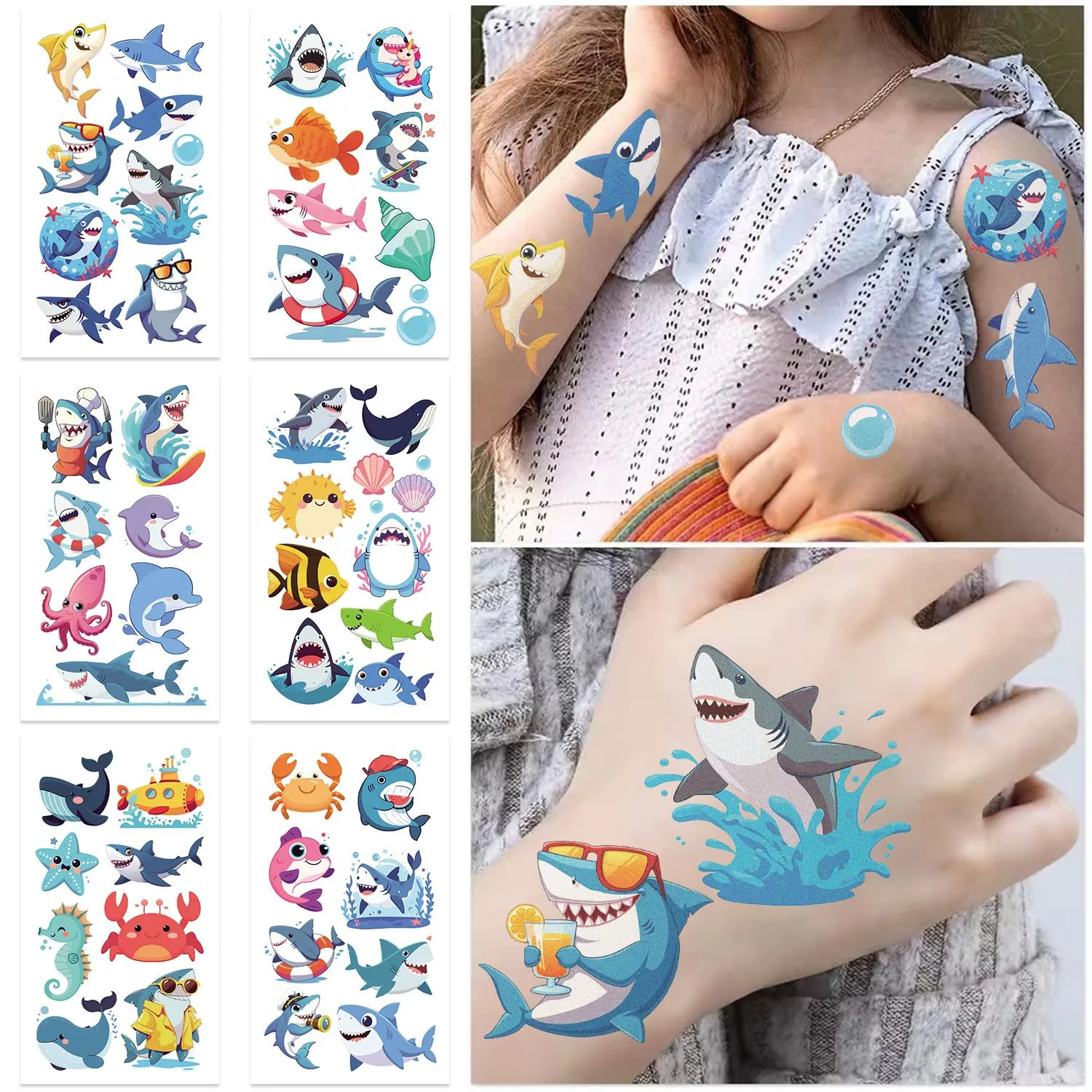 10 Sheets Shark Temporary Tattoos Stickers Birthday Themed Party Supplies Decoration Favors Cartoon Cute Animal Sticker