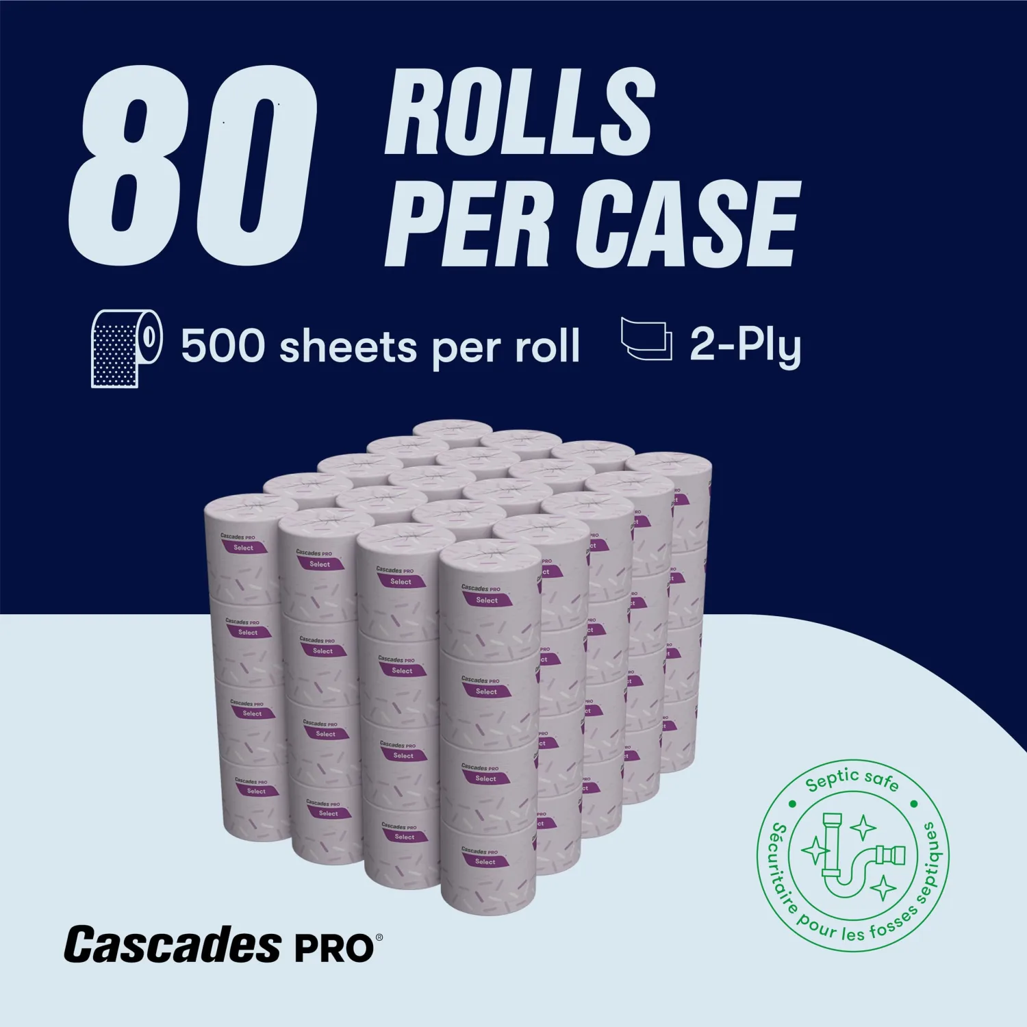Cascades PRO Select Bath Tissue – Soft, Durable 2-Ply Toilet Paper Rolls – Fits Universal Dispensers – Individually Wrapped, Septic Safe, Recycled Fiber – 500 Sheets/Roll, 80 Rolls/Pack – B211 – White