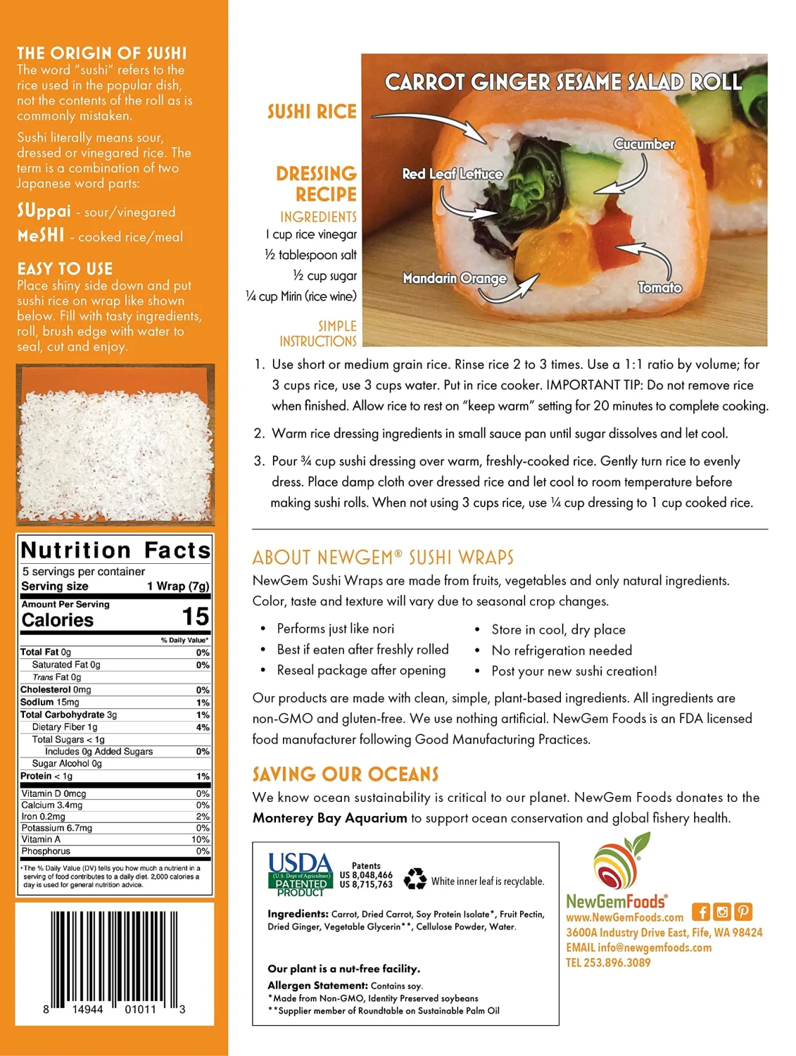 Carrot Ginger Sushi Wraps (5 Count) – Vegan, Gluten-Free, Plant-Based Low-Carb Wraps – Non-GMO, Paleo-Friendly Alternative for Sushi Wraps & Rolls