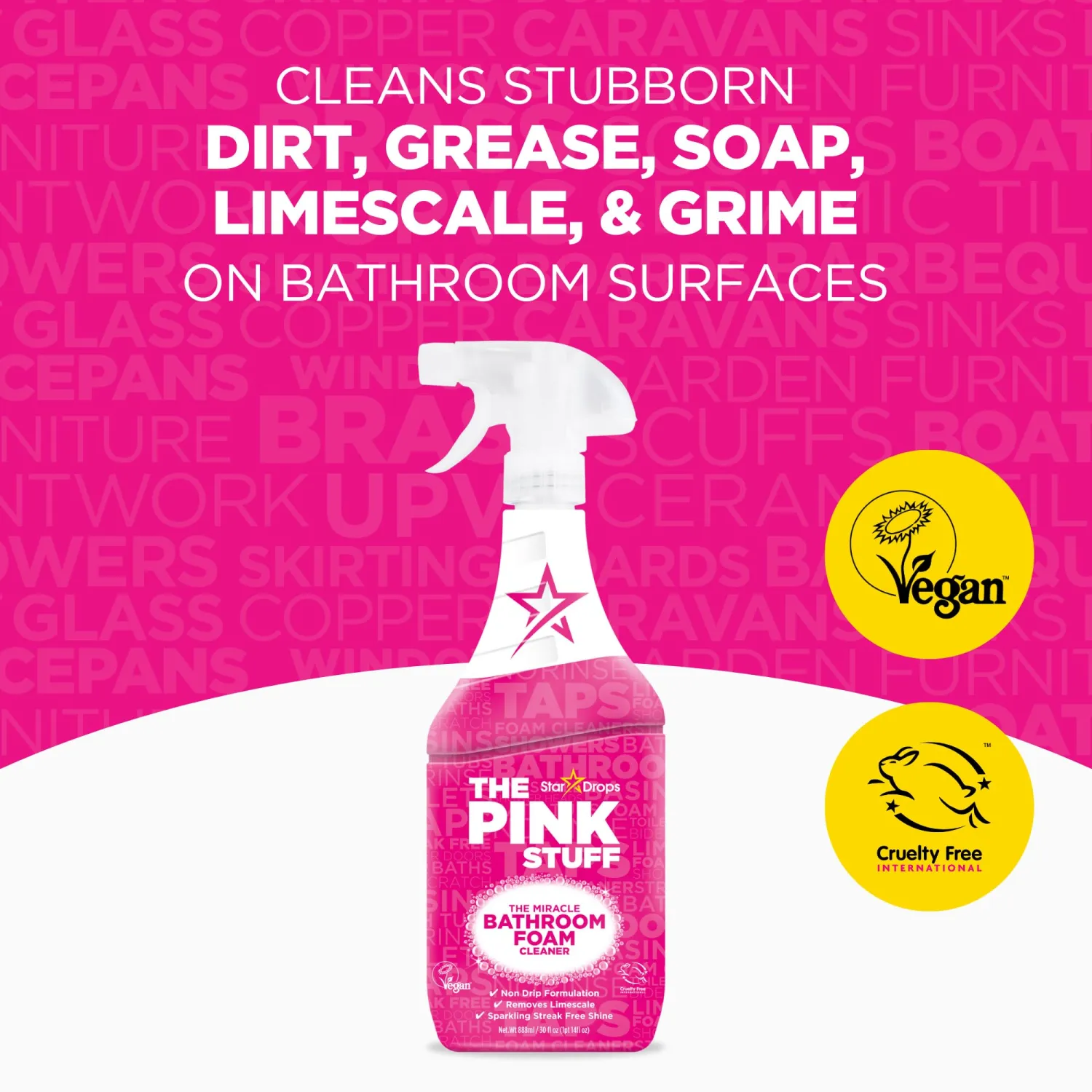 Stardrops - The Pink Stuff Miracle Bathroom Foam Cleaner, 30 fl oz – Now 20% More! Powerful Foaming Action for Showers, Sinks, Tubs & Tiles – Removes Soap Scum, Limescale & Grime with Ease