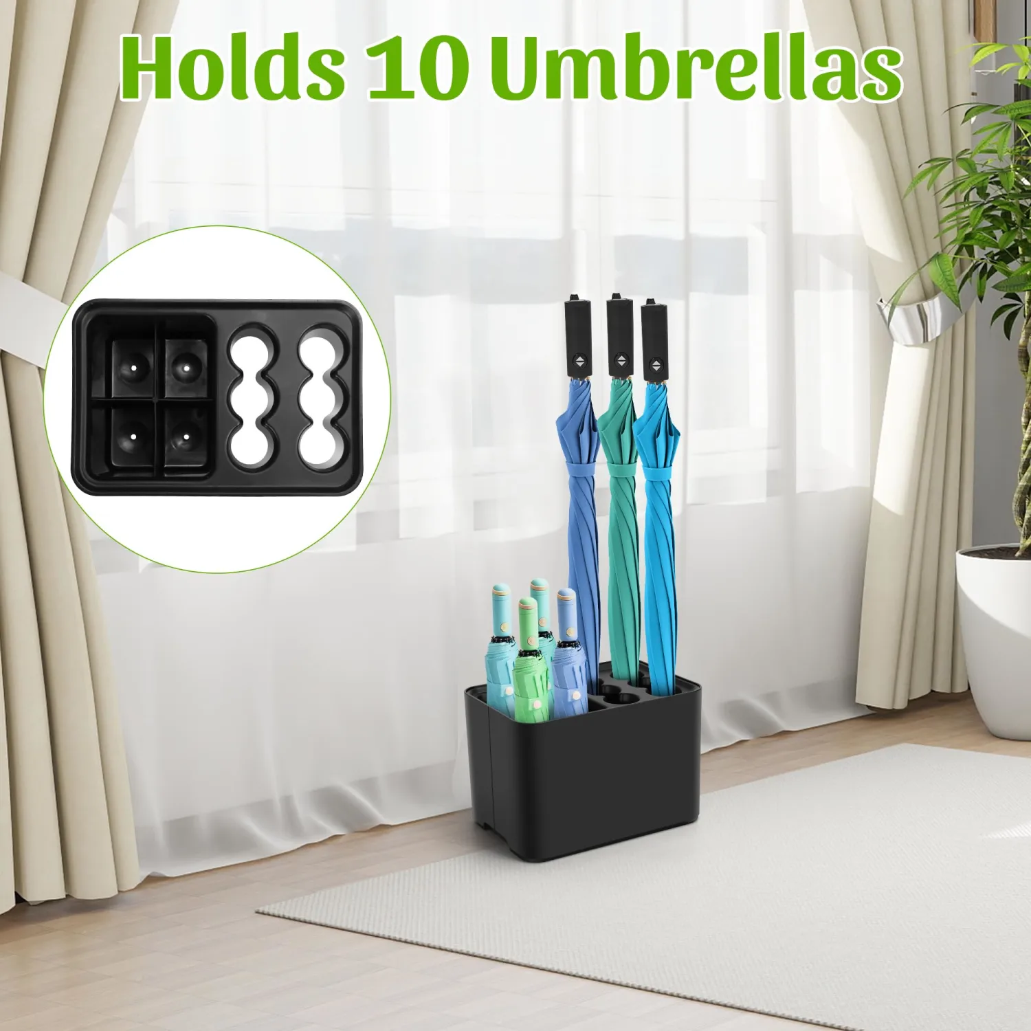 Umbrella Holder for Entryway, 10 Umbrellas Stand with Drip Tray, Umbrella Storage Indoor, Space Saving, 10.4”x 7” x 7”, Black