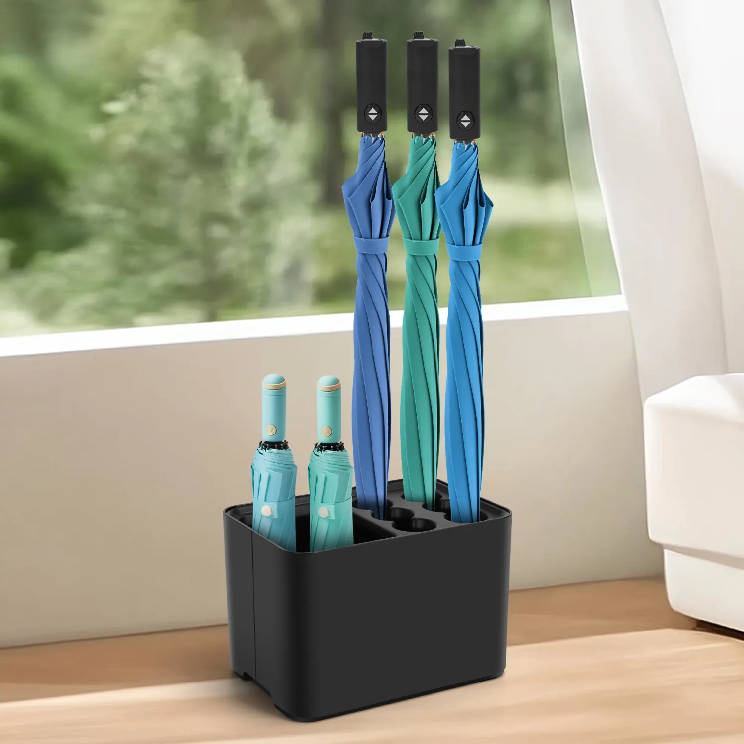 Umbrella Holder for Entryway, 10 Umbrellas Stand with Drip Tray, Umbrella Storage Indoor, Space Saving, 10.4”x 7” x 7”, Black