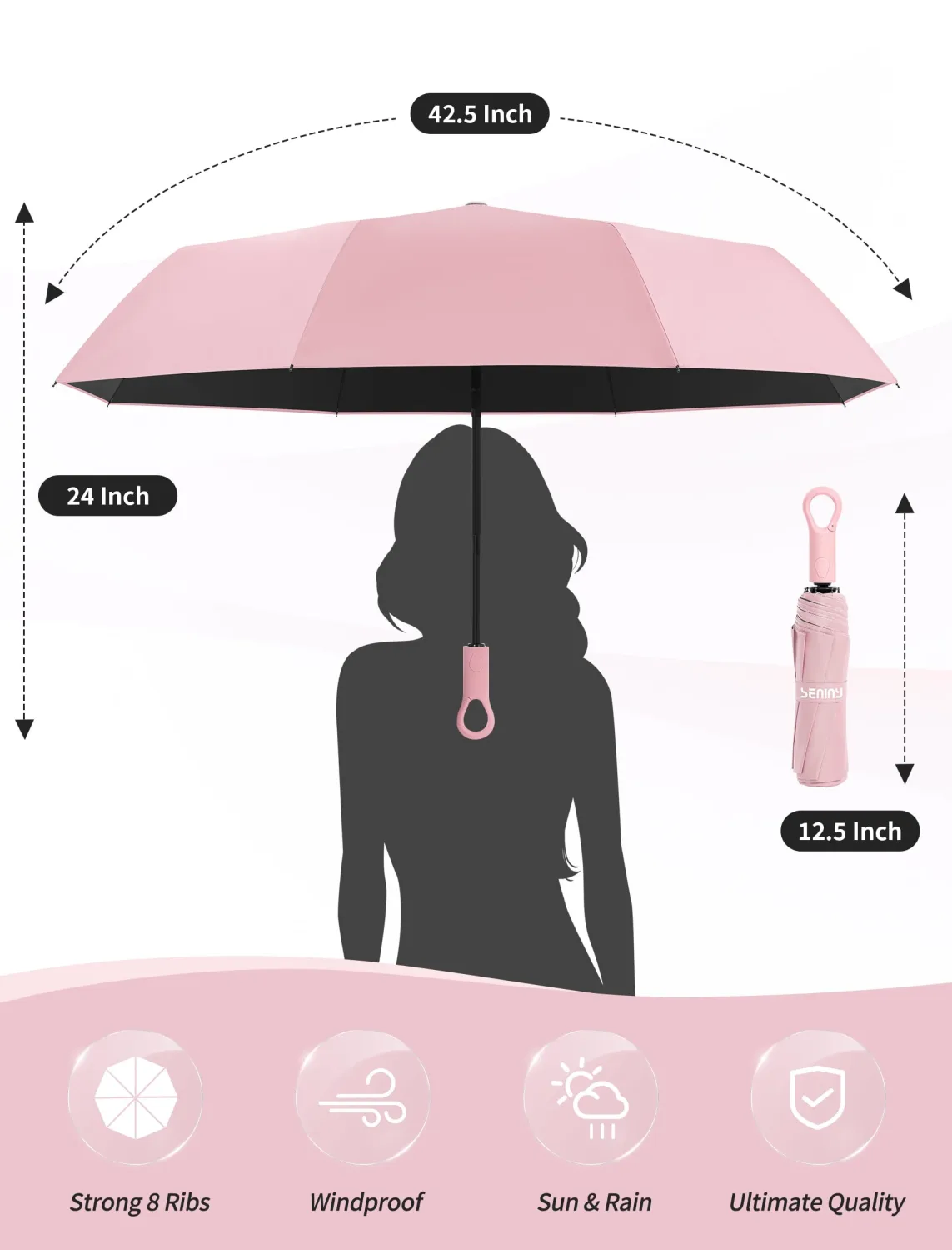 Seniny Umbrellas for Rain with Ring Buckle - Travel Umbrella Compact for Backpack, Car, Walking, Automatic UV Umbrella for Sun Protection, Small Portable & Folding Umbrellas for Windproof, Women Kids