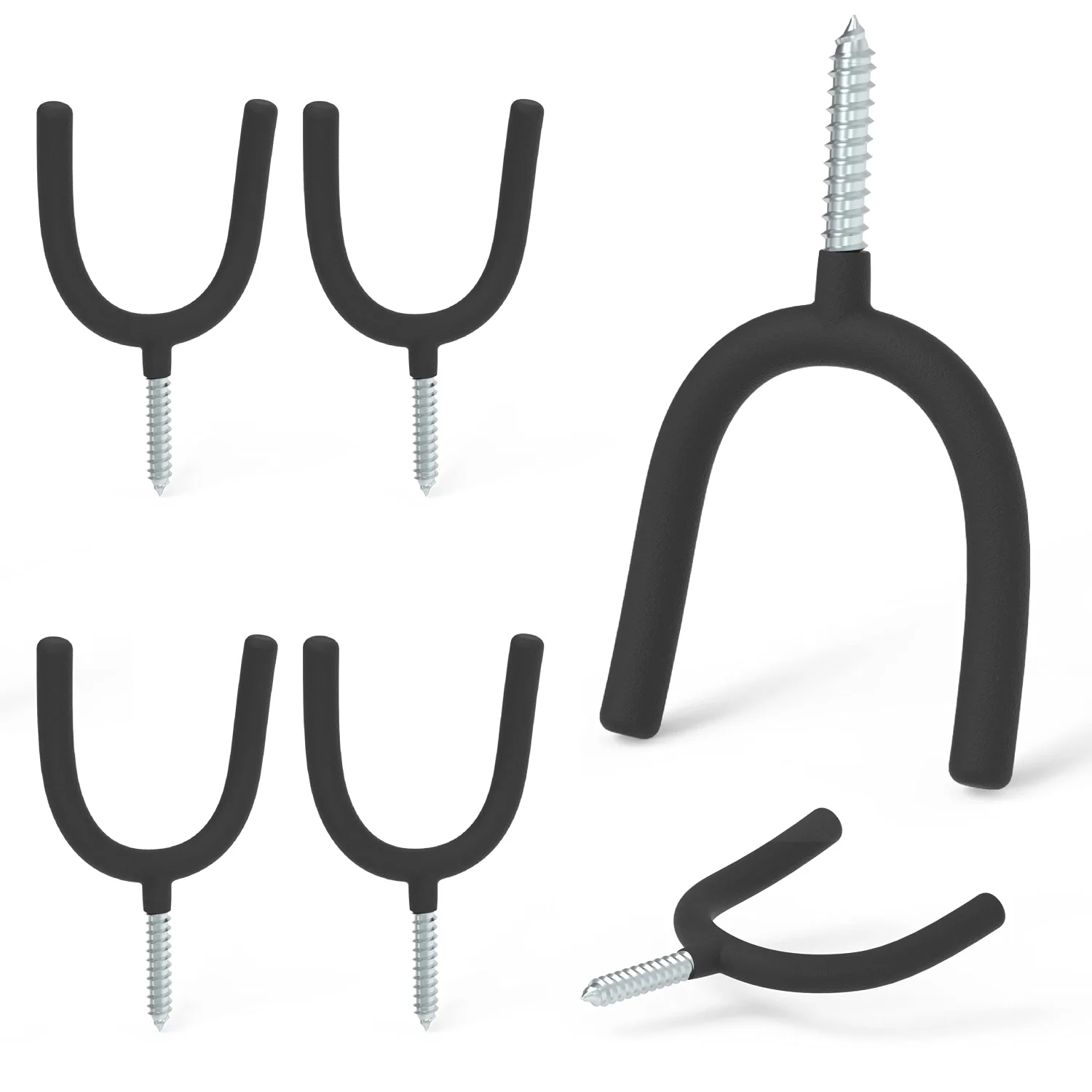 HUHOLE 6 Pack Heavy Duty Screw in U Hook 30lbs Load Capacity Garage Storage Organizers Vinyl Coated Steel Shovel Holder U Hooks for Hanging Garden Tools and Power Equipment Black