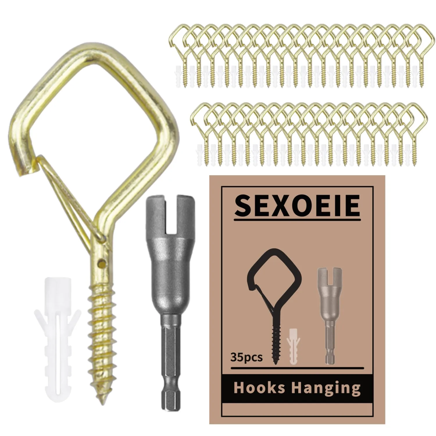 35PCS Eye Screw Hooks for Hanging Heavy Duty with Safety Buckle.Metal Ceiling Hooks for Hanging Plants,Cup,Wind Chime,Bird Feeders,String Lights at Indoor&Outdoor,2.36 Inches Gold