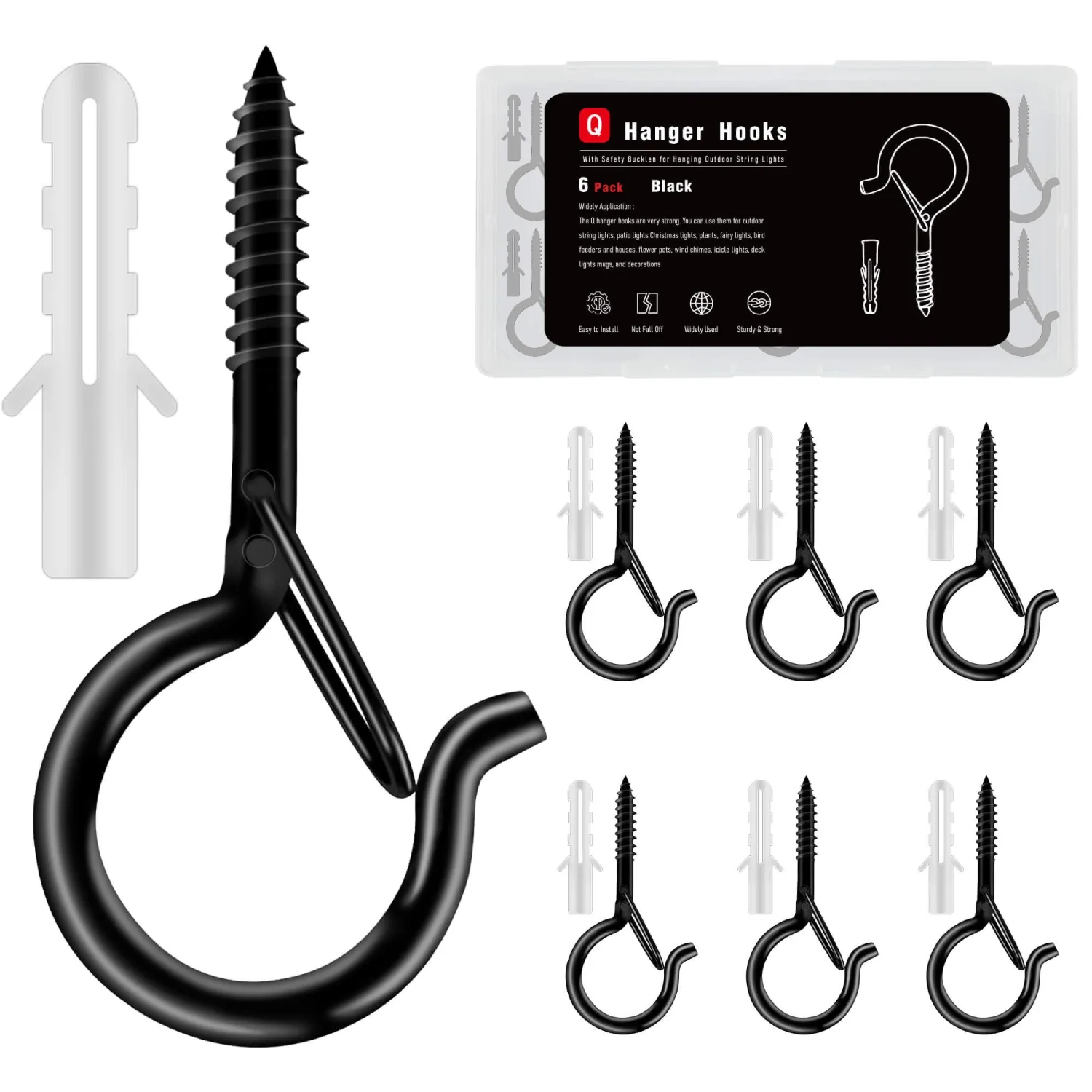 6 Pack Black Screw Hooks with Safety Buckle - 2.3 Inch Rustproof Eye Ceiling Hooks for Hanging Plants,Outdoor String Lights,Baskets,Christmas Lights & Decor,40lb Capacity (6, Black)