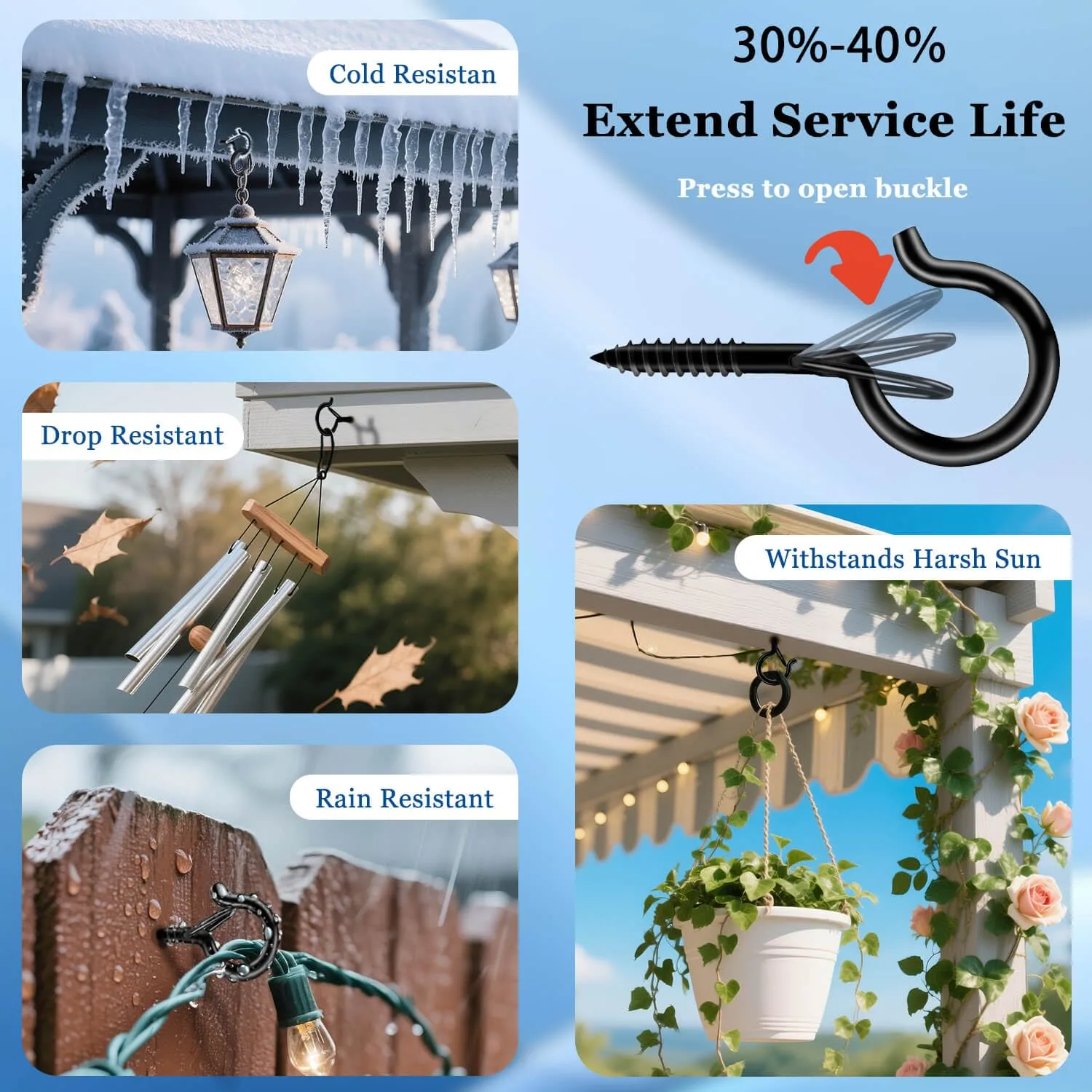 24 Pack Black Screw Hooks with Safety Buckle - 2.3 Inch Rustproof Eye Ceiling Hooks for Hanging Plants,Outdoor String Lights,Baskets,Christmas Lights & Decor,40lb Capacity (24, Black)