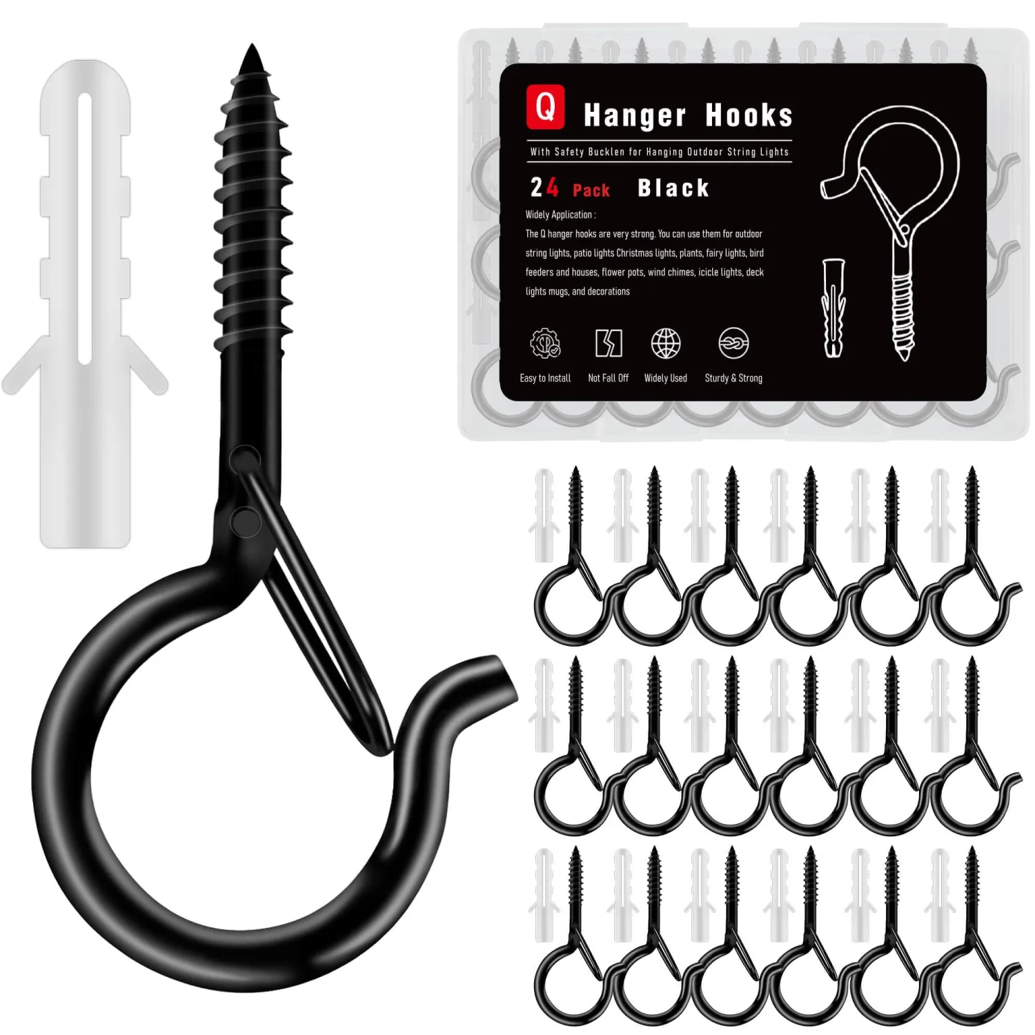 24 Pack Black Screw Hooks with Safety Buckle - 2.3 Inch Rustproof Eye Ceiling Hooks for Hanging Plants,Outdoor String Lights,Baskets,Christmas Lights & Decor,40lb Capacity (24, Black)