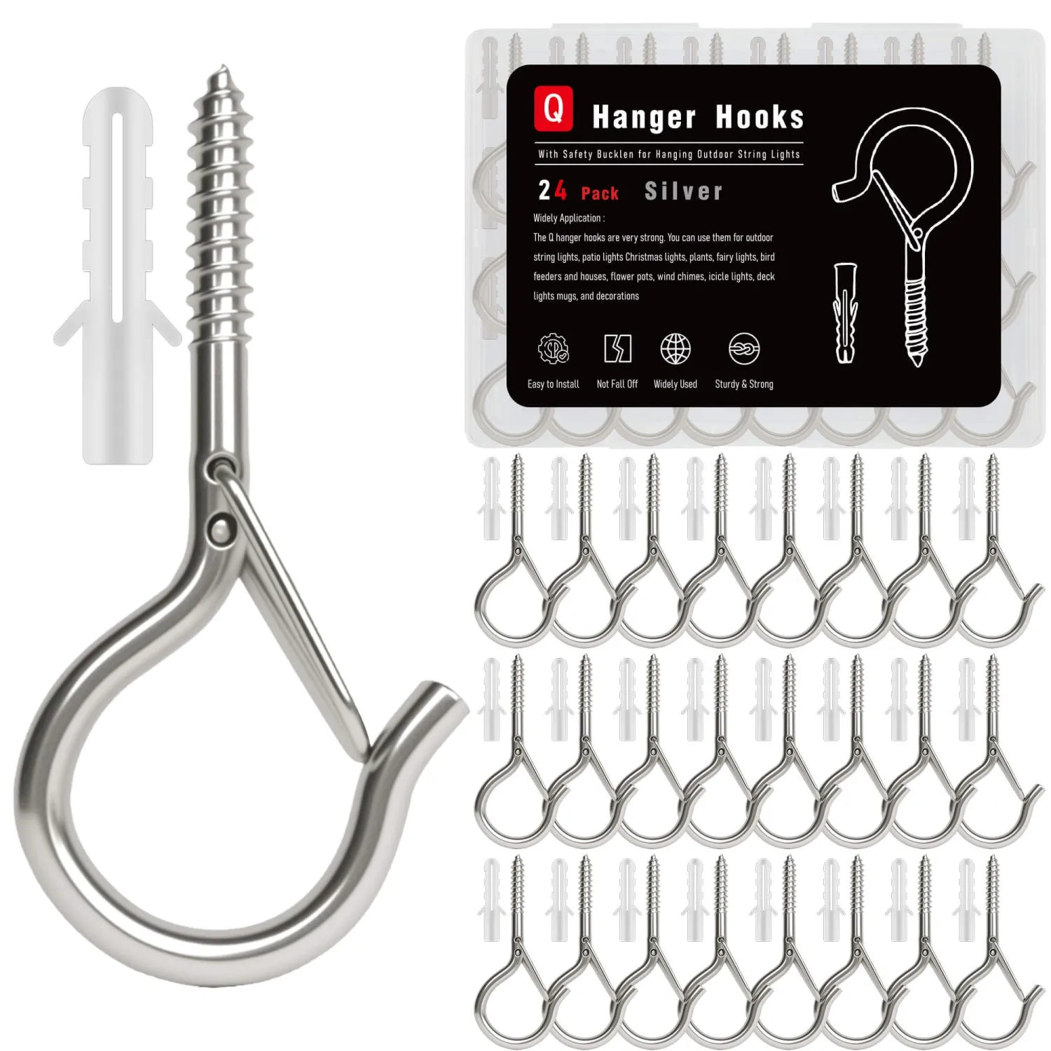 24 Pack Silver Screw Hooks with Safety Buckle - 2.3 Inch Rustproof Eye Ceiling Hooks for Hanging Plants,Outdoor String Lights,Baskets,Christmas Lights & Decor,40lb Capacity (24, Silver)