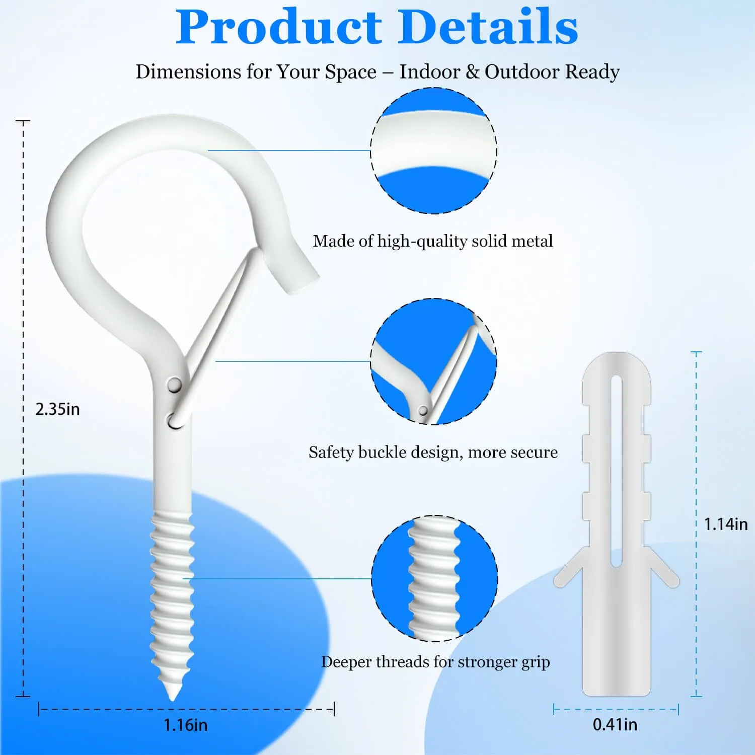 36 Pack White Screw Hooks with Safety Buckle - 2.3 Inch Rustproof Eye Ceiling Hooks for Hanging Plants,Outdoor String Lights,Baskets,Christmas Lights & Decor,40lb Capacity (36, White)