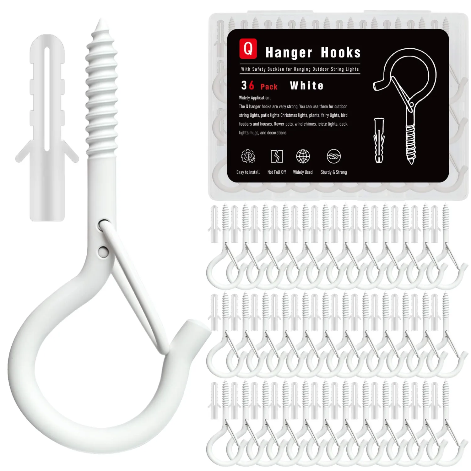 36 Pack White Screw Hooks with Safety Buckle - 2.3 Inch Rustproof Eye Ceiling Hooks for Hanging Plants,Outdoor String Lights,Baskets,Christmas Lights & Decor,40lb Capacity (36, White)
