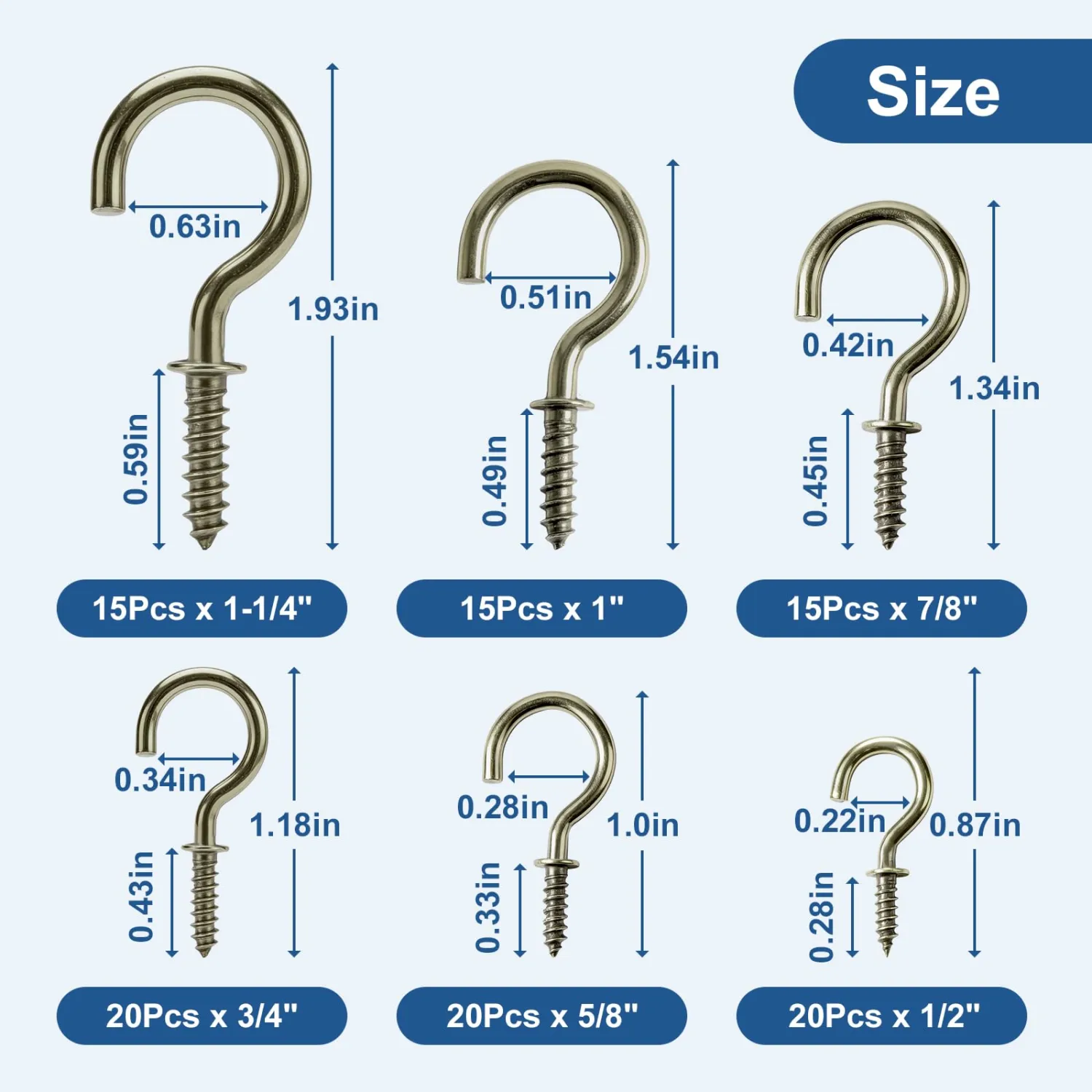 105 Pcs Premium Screw Cup Hook Set, 6 Sizes Bronze Screw-in Hooks (1/2",5/8",3/4",7/8",1",1-1/4"), Heavy Duty Metal Wall Ceiling Hooks for Plants Mugs Cups String Lights Indoor Outdoor Use