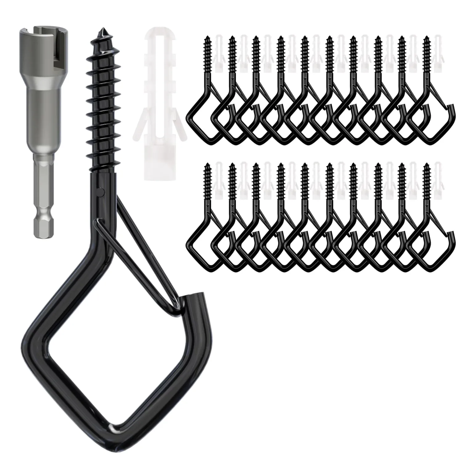20 PCS Screw Hooks with Safety Buckle, Heavy Duty Ceiling Hooks for Hanging Outdoor String Lights, Plants, Wind Chimes, 2.36 inches, Black