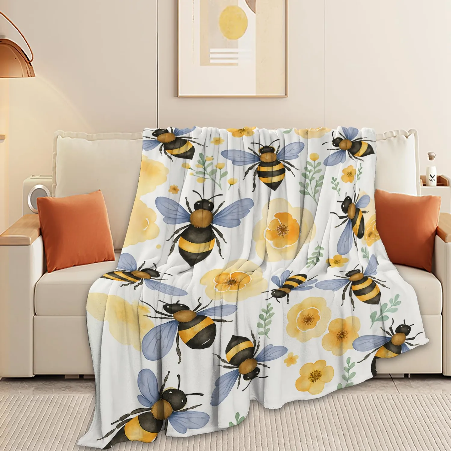 Bee Blanket Super Soft Warm Fluffy Fleece Flannel Flower Insect Throw Blanket Cozy Fuzzy Plush Stuff Floral Bedding Blankets Gifts for Women Kids Boys Girls Adults 50"X40"