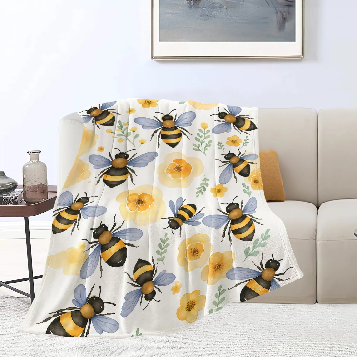 Bee Blanket Super Soft Warm Fluffy Fleece Flannel Flower Insect Throw Blanket Cozy Fuzzy Plush Stuff Floral Bedding Blankets Gifts for Women Kids Boys Girls Adults 50"X40"