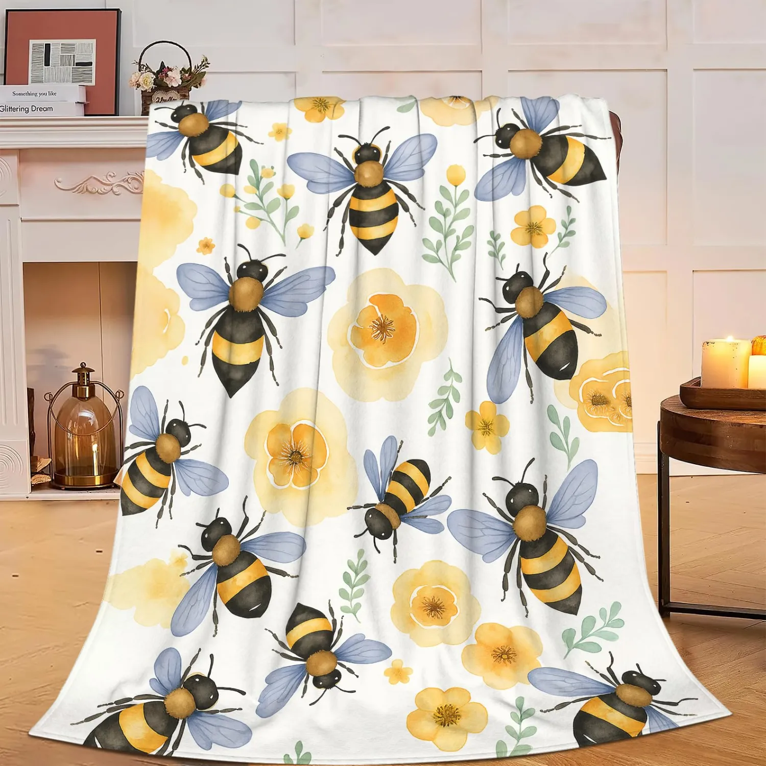 Bee Blanket Super Soft Warm Fluffy Fleece Flannel Flower Insect Throw Blanket Cozy Fuzzy Plush Stuff Floral Bedding Blankets Gifts for Women Kids Boys Girls Adults 50"X40"