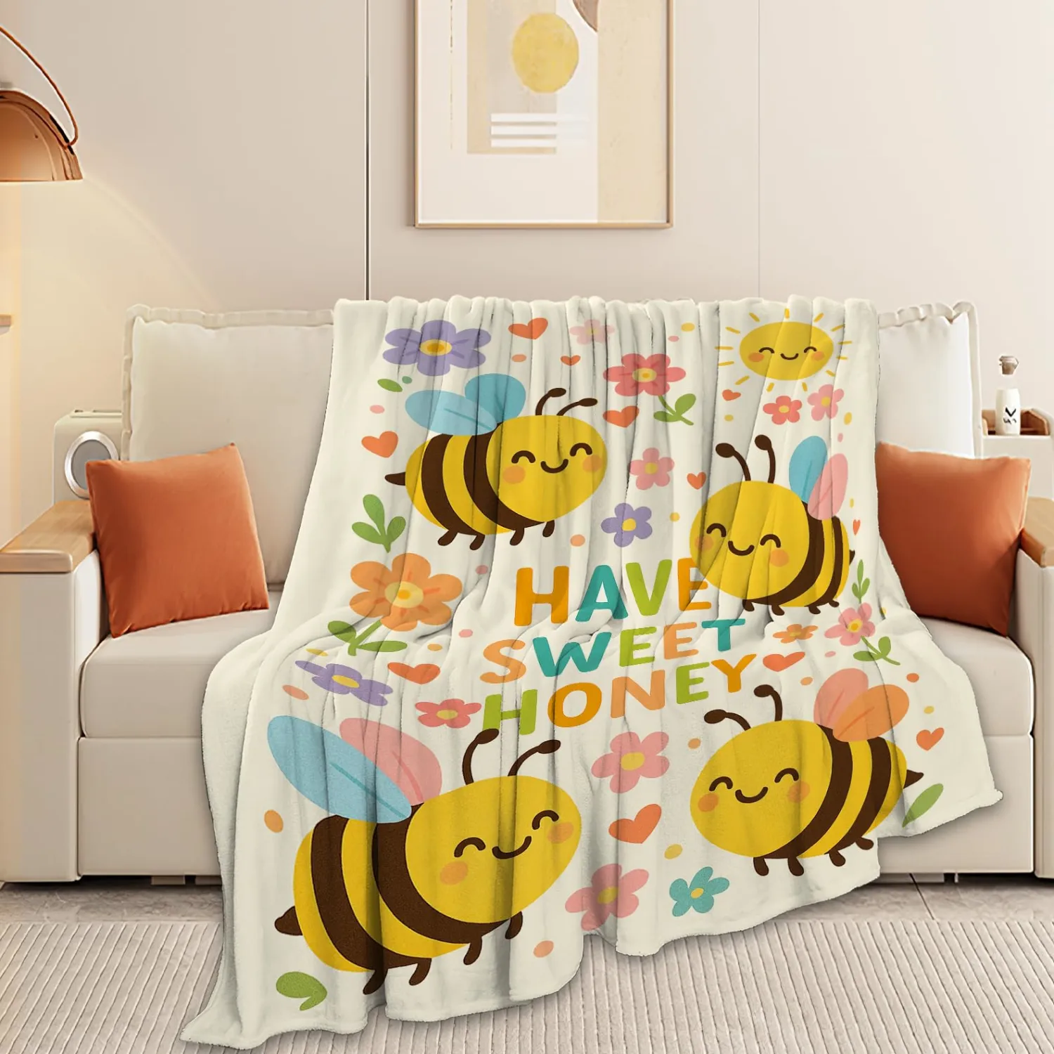 Bee Blanket Super Soft Warm Fluffy Fleece Flannel Flower Insect Throw Blanket Cozy Fuzzy Plush Stuff Bedding Blankets Gifts for Women Kids Boys Girls Adults 50"X40"