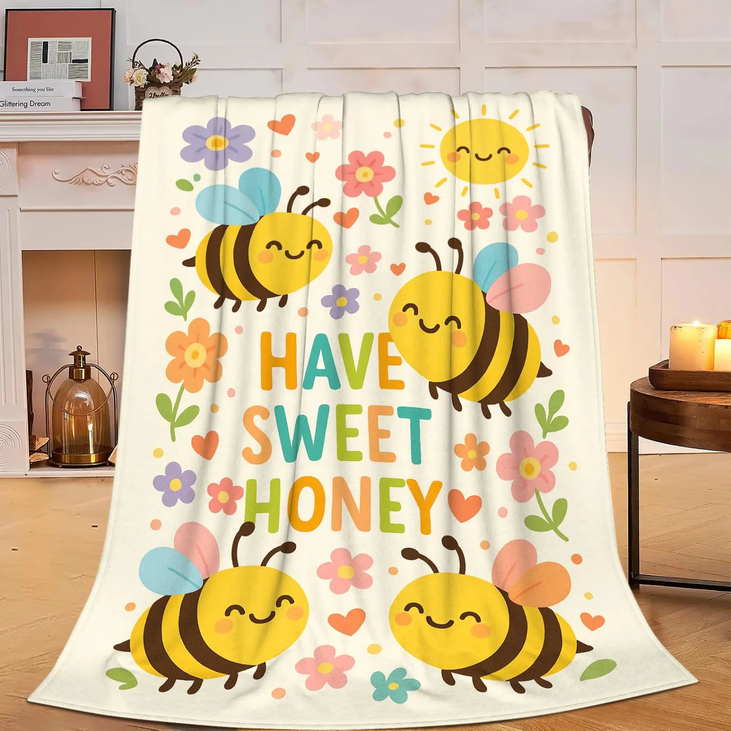 Bee Blanket Super Soft Warm Fluffy Fleece Flannel Flower Insect Throw Blanket Cozy Fuzzy Plush Stuff Bedding Blankets Gifts for Women Kids Boys Girls Adults 50"X40"