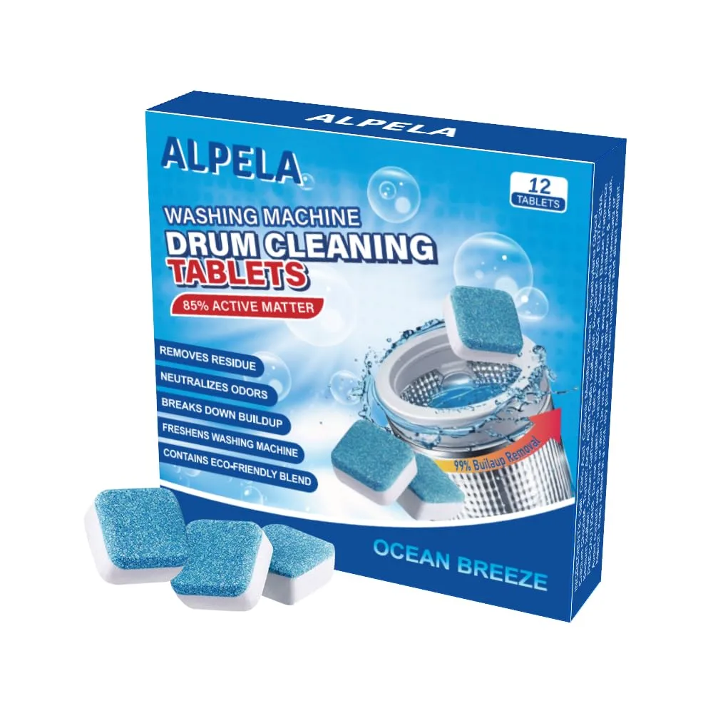 Ocean Breeze Washer Cleaner Tablets 12 Count – Septic Safe Washing Machine Cleaner & Odor Eliminator – Deep Cleaning Descaler for HE Front & Top Load Washers – Laundry Tub & Drum Cleaner