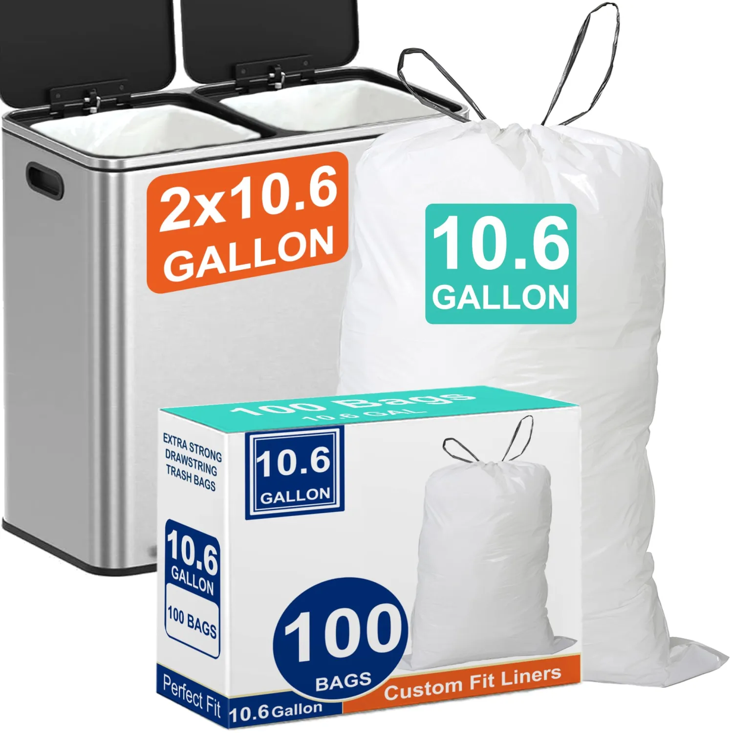 10.6 Gallon 100 Count for Dual Compartment Trash Can (2 x 10.6 Gallon) Trash Bags with Ultra-Strong Drawstring Heavy Duty 1.2 Mil Pre-Separated Tear & Leak Resistant PERFECT FIT & GRAND SAVE!