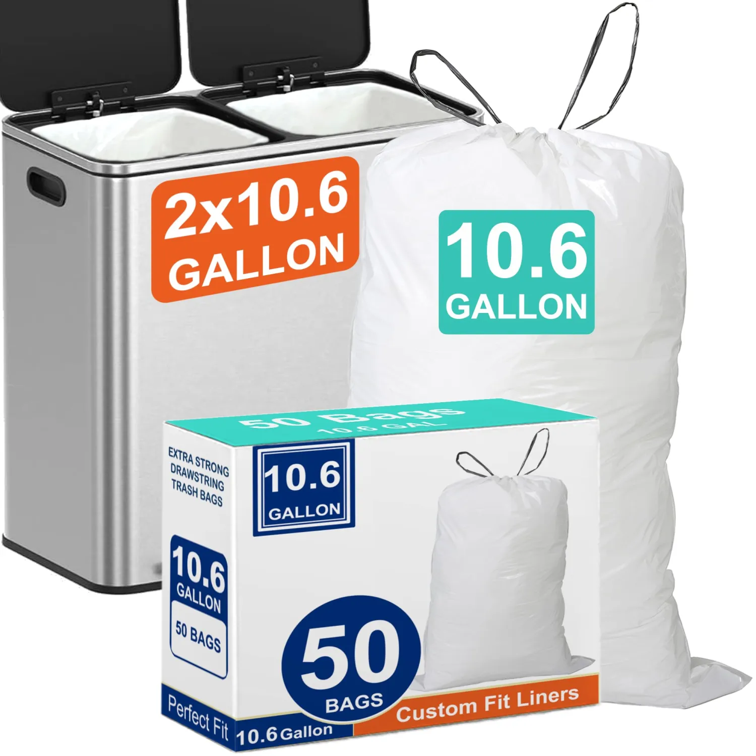 8-10 Gallon Heavy Duty Trash Bags 50 Count with Ultra-Strong Drawstring Heavy Duty 1.2 Mil Pre-Separated Tear & Leak Resistant PERFECT FIT & GRAND SAVE!