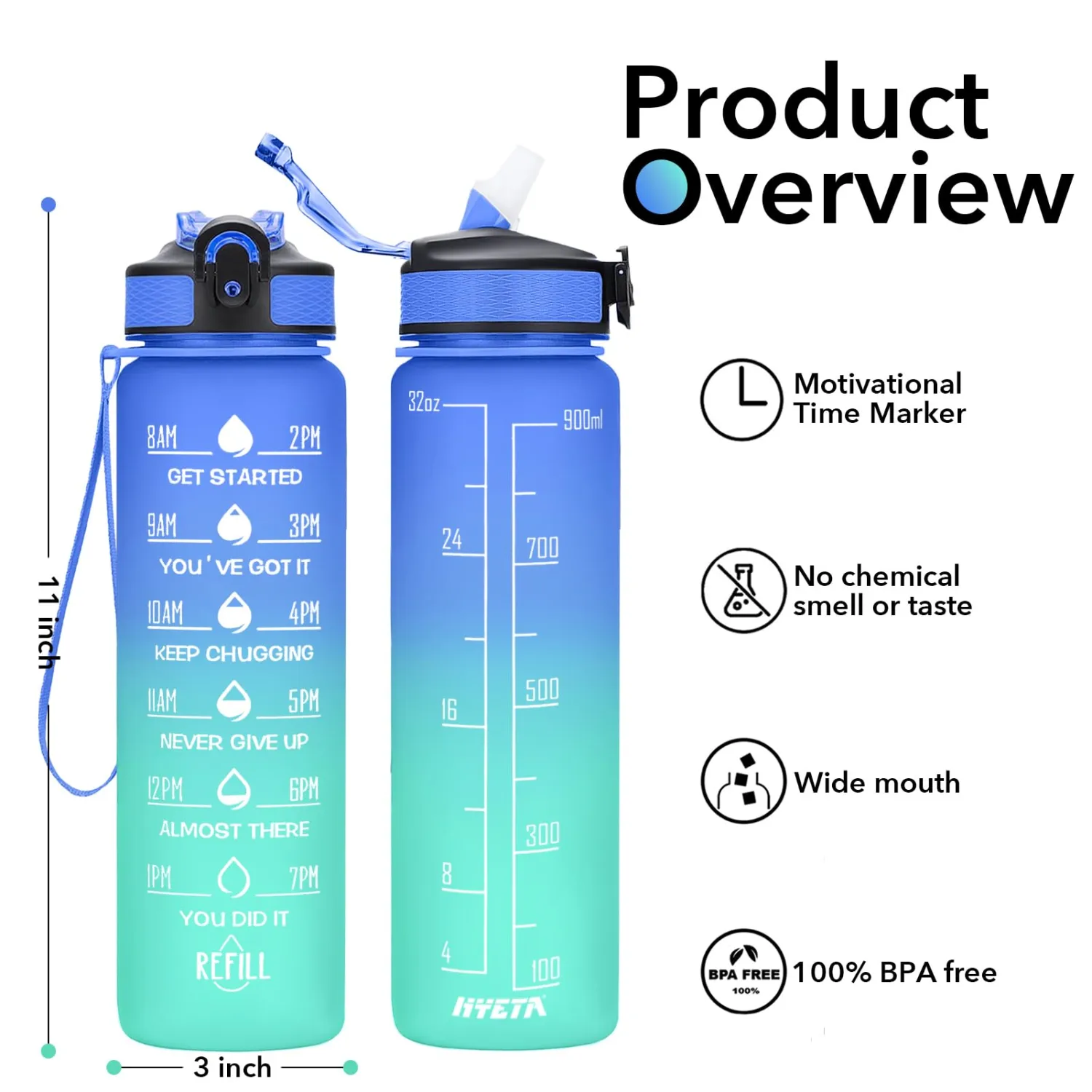 Hyeta 32 oz Water Bottles with Times to Drink and Straw, Motivational Water Bottle with Time Marker, Leakproof, Drinking Sports Water Bottle for Fitness, Gym and Outdoor