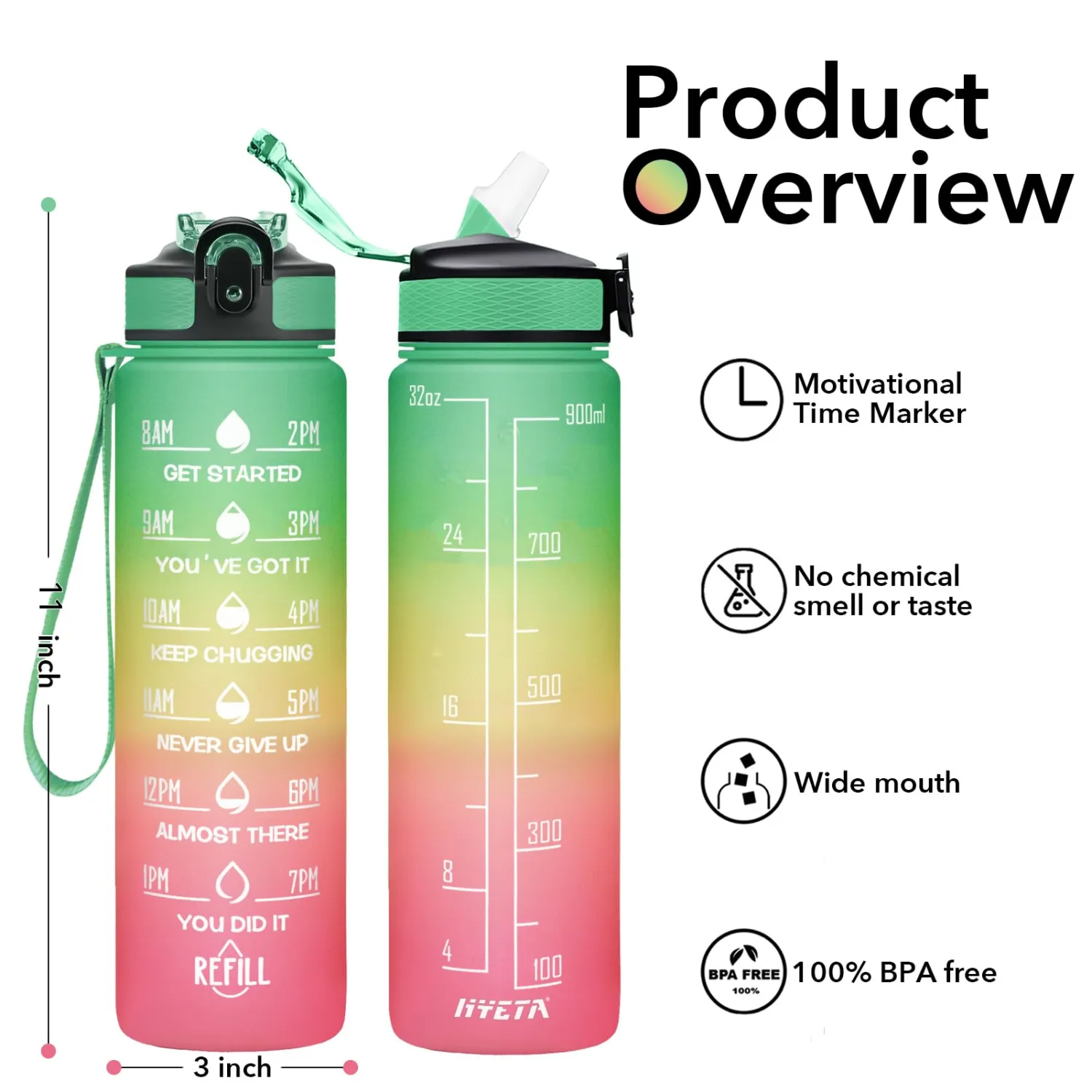 Hyeta 32 oz Water Bottles with Times to Drink and Straw, Motivational Water Bottle with Time Marker, Leakproof, Drinking Sports Water Bottle for Fitness, Gym and Outdoor