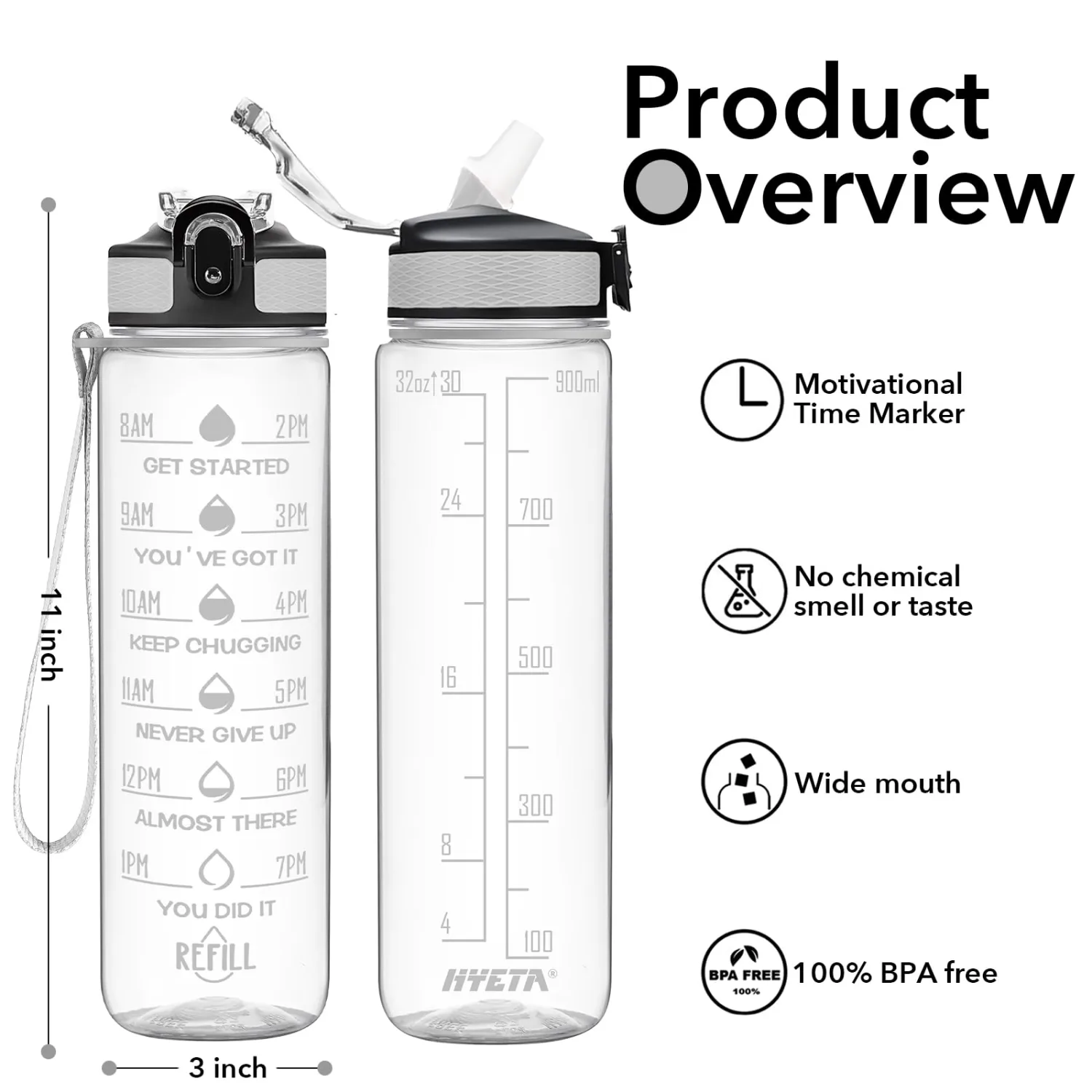 Hyeta 32 oz Water Bottles with Times to Drink and Straw, Motivational Water Bottle with Time Marker, Leakproof, Drinking Sports Water Bottle for Fitness, Gym and Outdoor