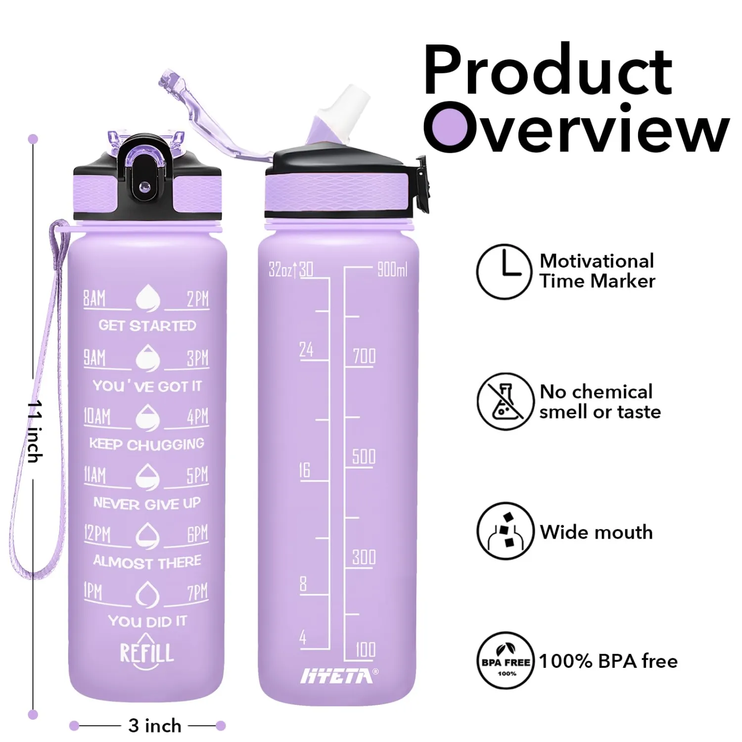 Hyeta 32 oz Water Bottles with Times to Drink and Straw, Motivational Water Bottle with Time Marker, Leakproof, Drinking Sports Water Bottle for Fitness, Gym and Outdoor