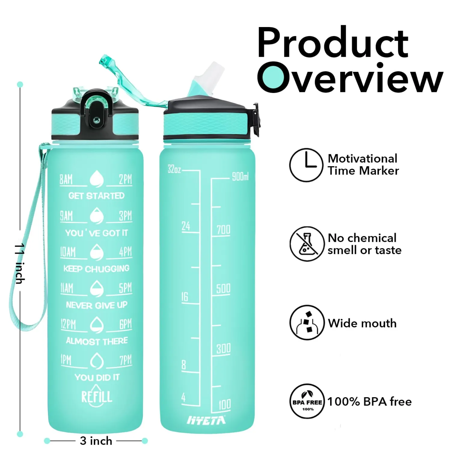 Hyeta 32 oz Water Bottles with Times to Drink and Straw, Motivational Water Bottle with Time Marker, Leakproof, Drinking Sports Water Bottle for Fitness, Gym and Outdoor