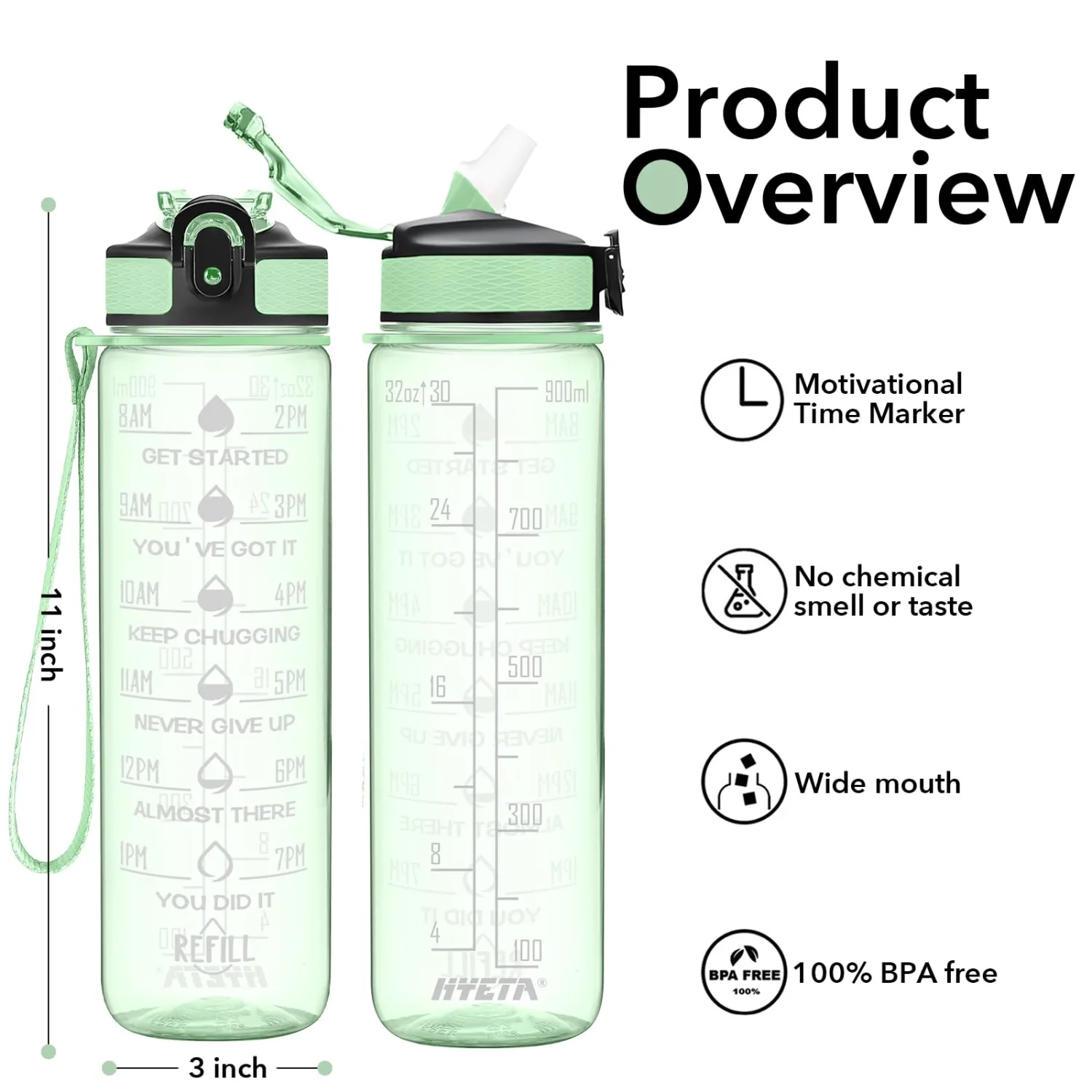 Hyeta 32 oz Water Bottles with Times to Drink and Straw, Motivational Water Bottle with Time Marker, Leakproof, Drinking Sports Water Bottle for Fitness, Gym and Outdoor