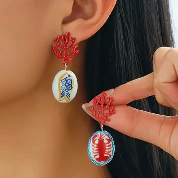 Marine-style Ceramic Shrimp And Fish Earrings Fashionable