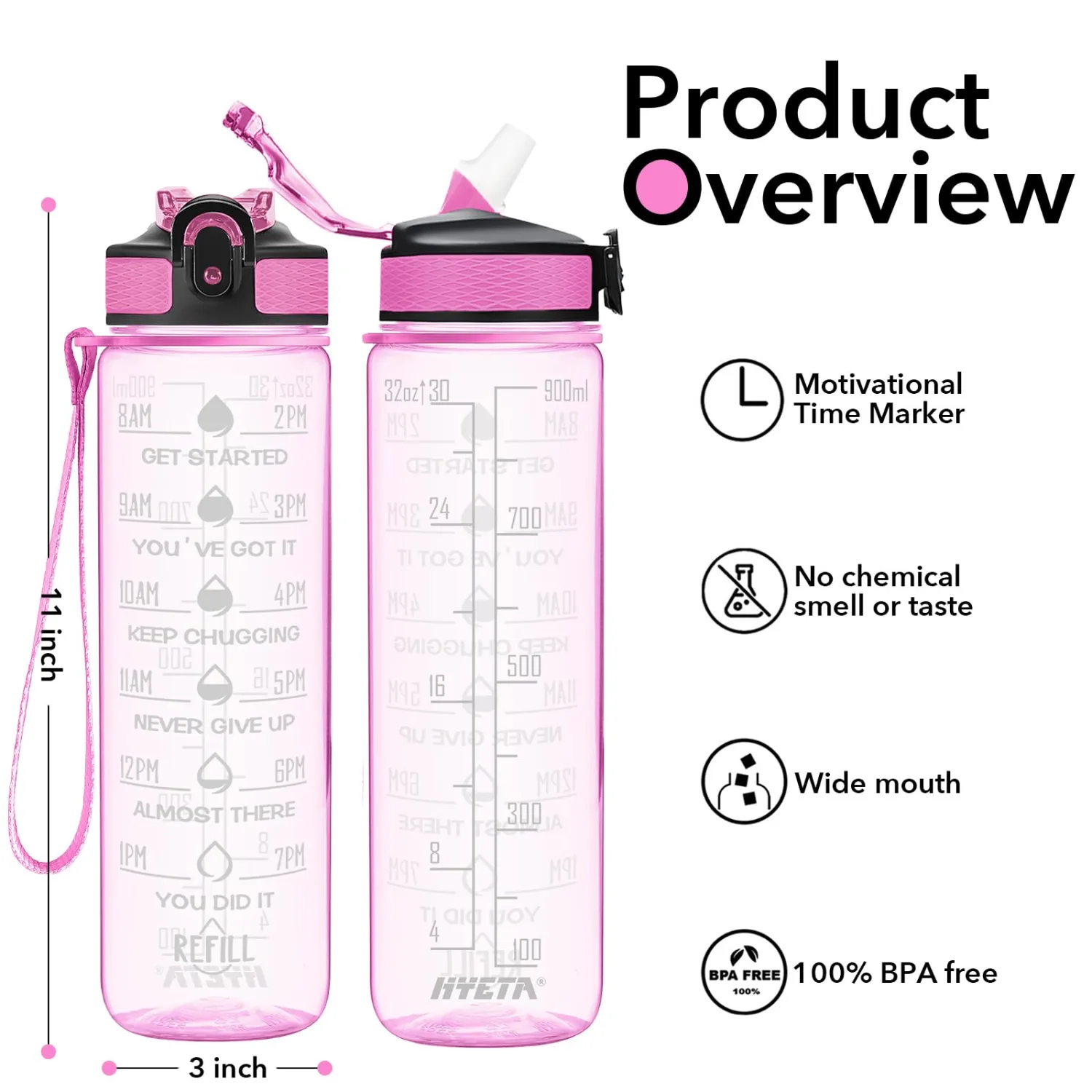 Hyeta 32 oz Water Bottles with Times to Drink and Straw, Motivational Water Bottle with Time Marker, Leakproof, Drinking Sports Water Bottle for Fitness, Gym and Outdoor