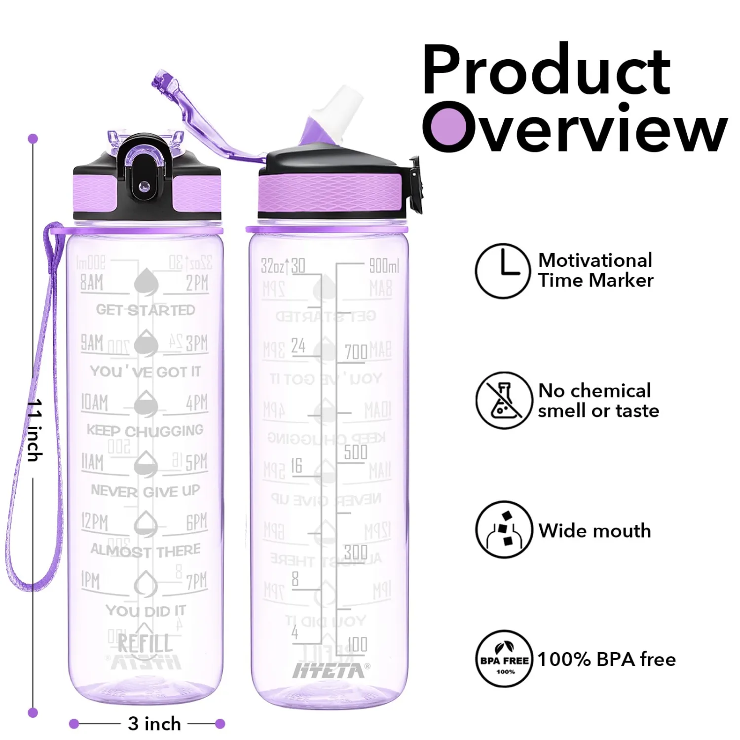 Hyeta 32 oz Water Bottles with Times to Drink and Straw, Motivational Water Bottle with Time Marker, Leakproof, Drinking Sports Water Bottle for Fitness, Gym and Outdoor