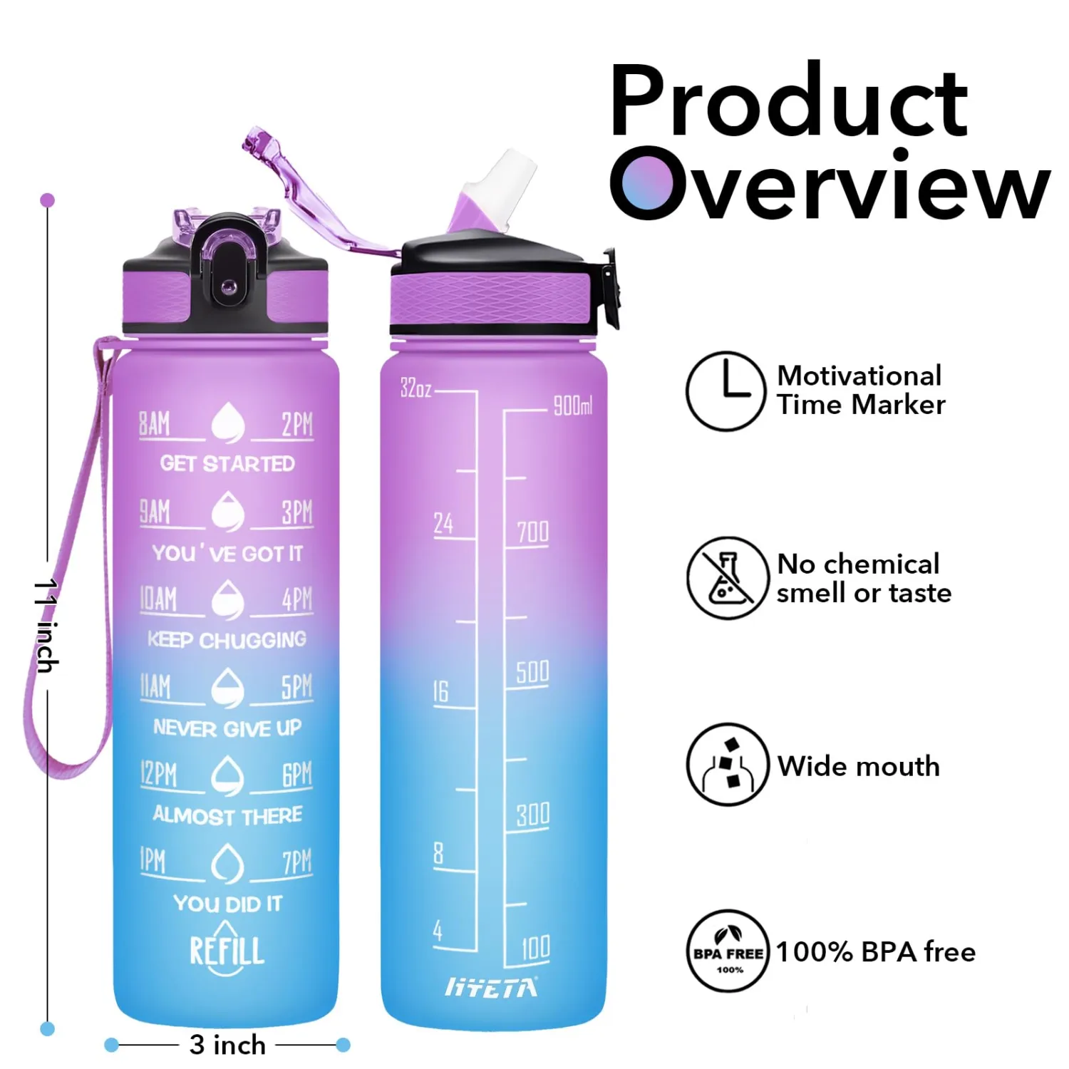 Hyeta 32 oz Water Bottles with Times to Drink and Straw, Motivational Water Bottle with Time Marker, Leakproof, Drinking Sports Water Bottle for Fitness, Gym and Outdoor
